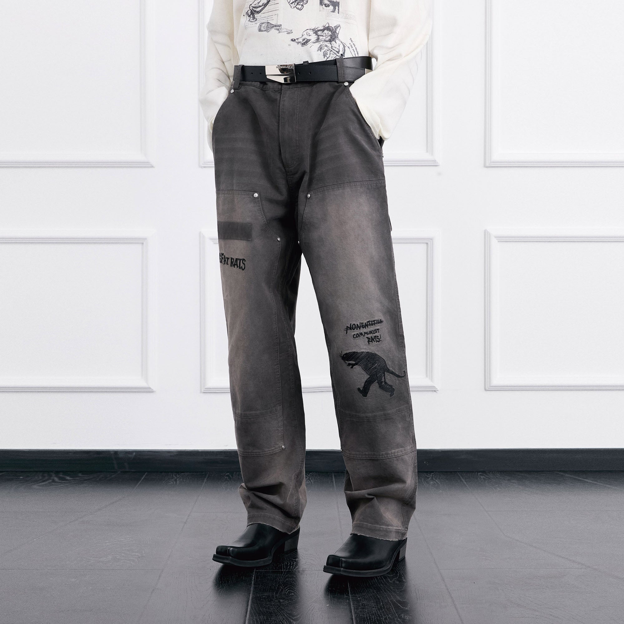 FACEONLAB Distressed Washed Double-Knee Pants