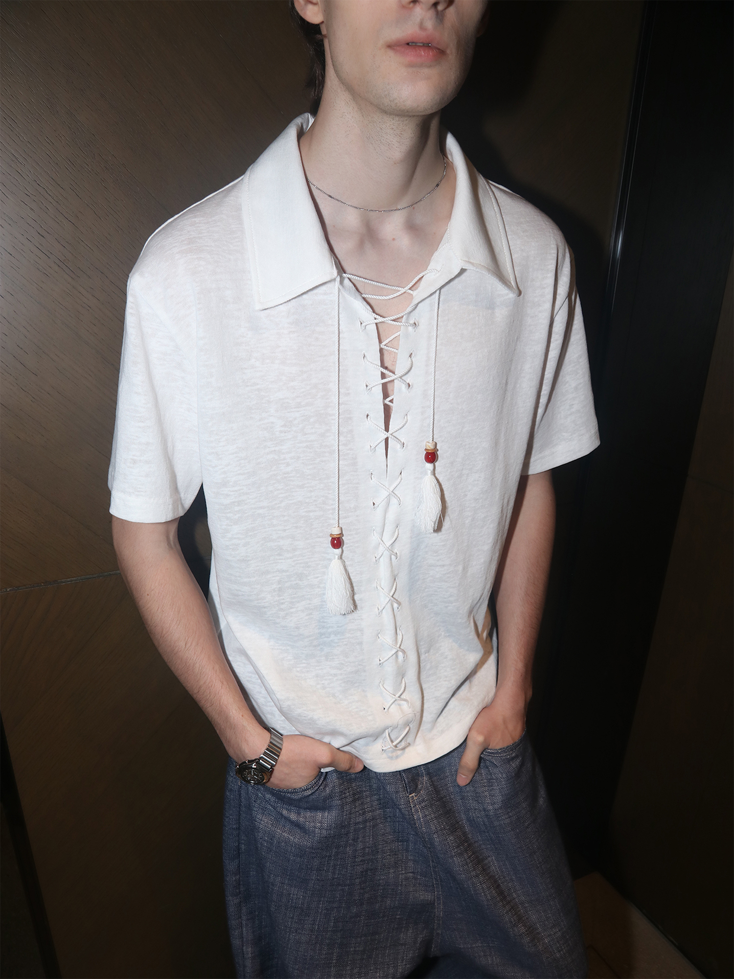 ASSEEN Tassel Lace-Up Short-Sleeve Polo Tee