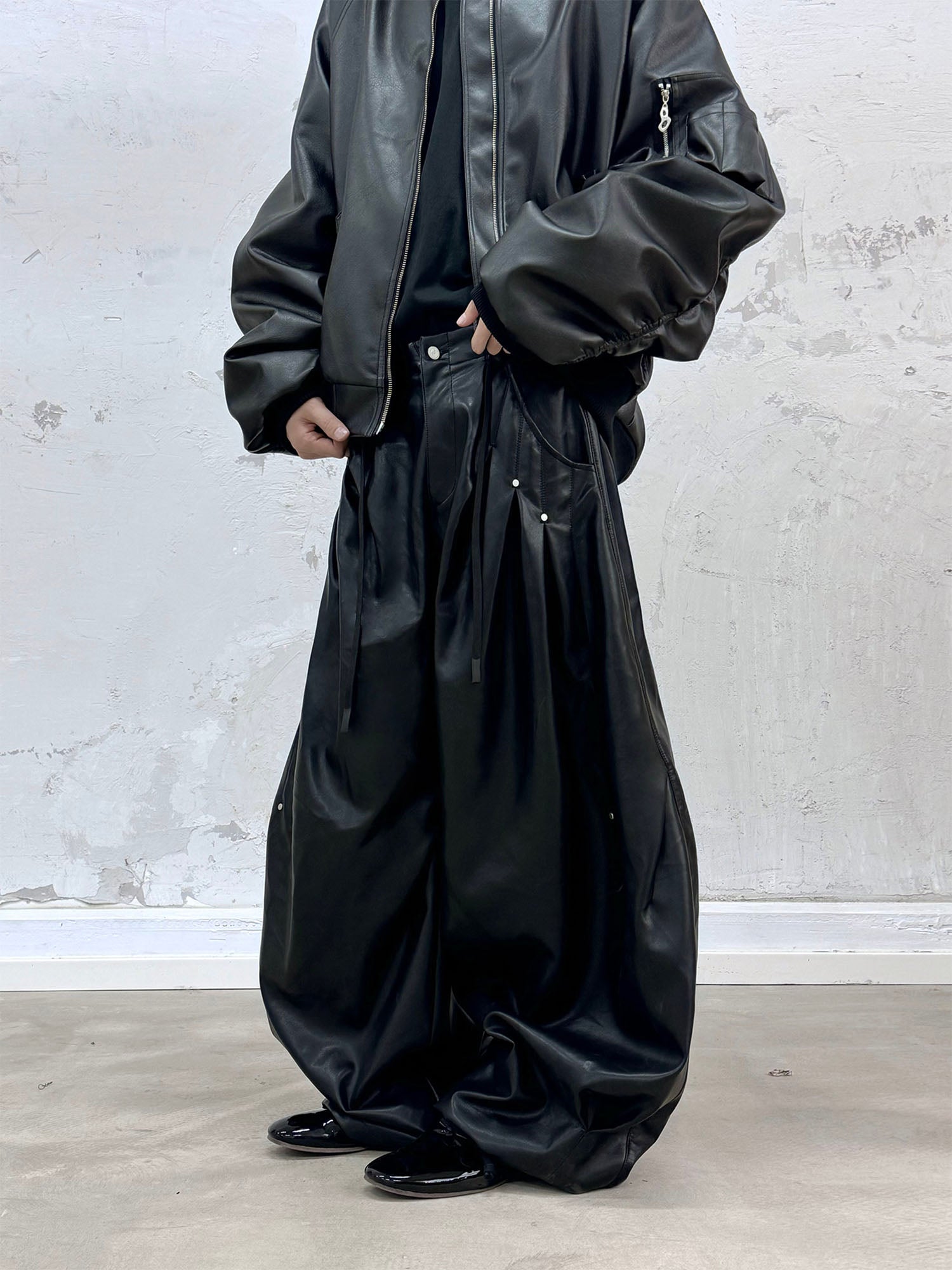 RELABEL Pleated Rivet Oversized PU Pants, premium urban and streetwear designers apparel on PROJECTISR.com, RELABEL