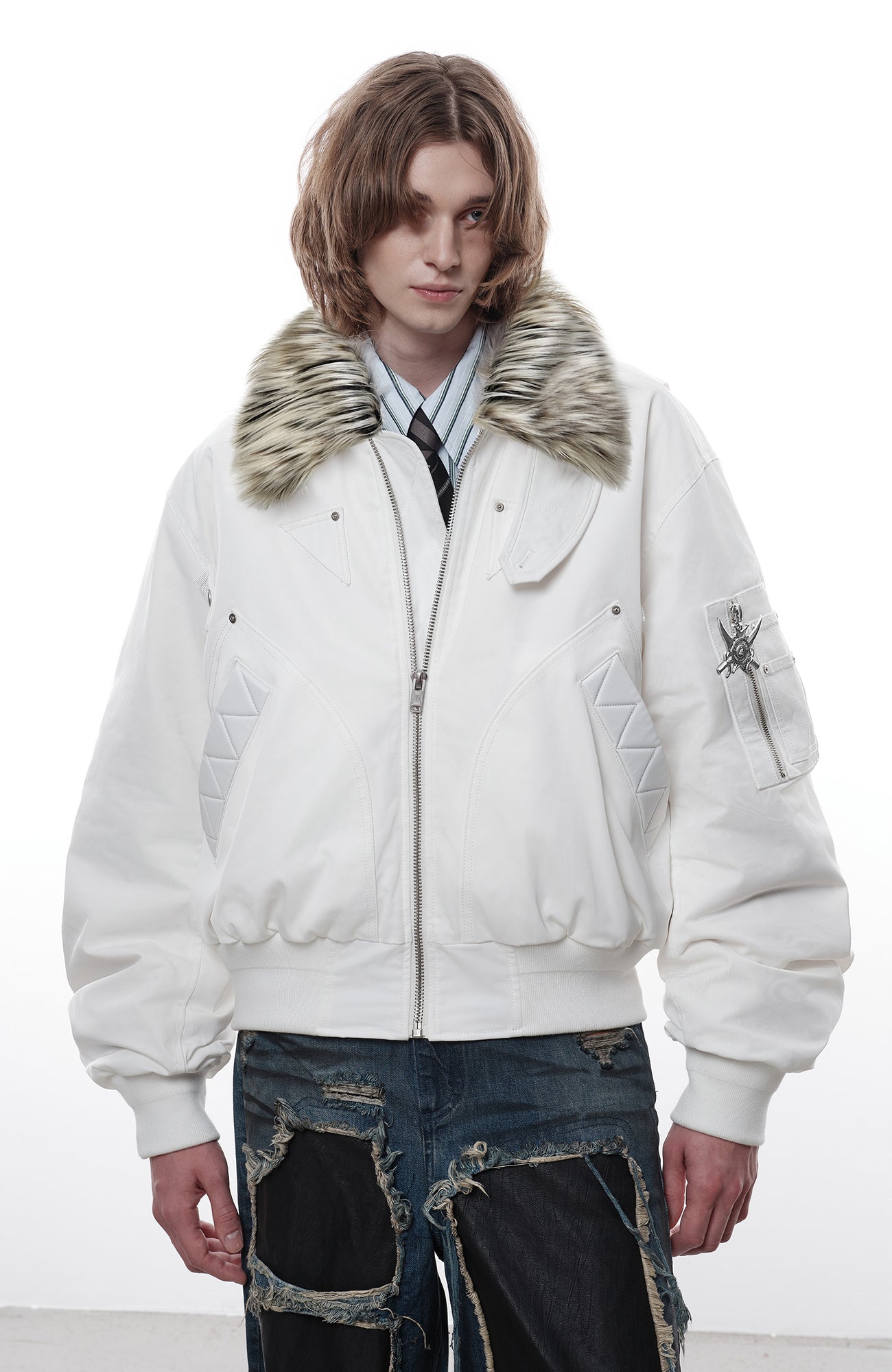 FACEONLAB Faux Fur Collar Utility Bomber Jacket