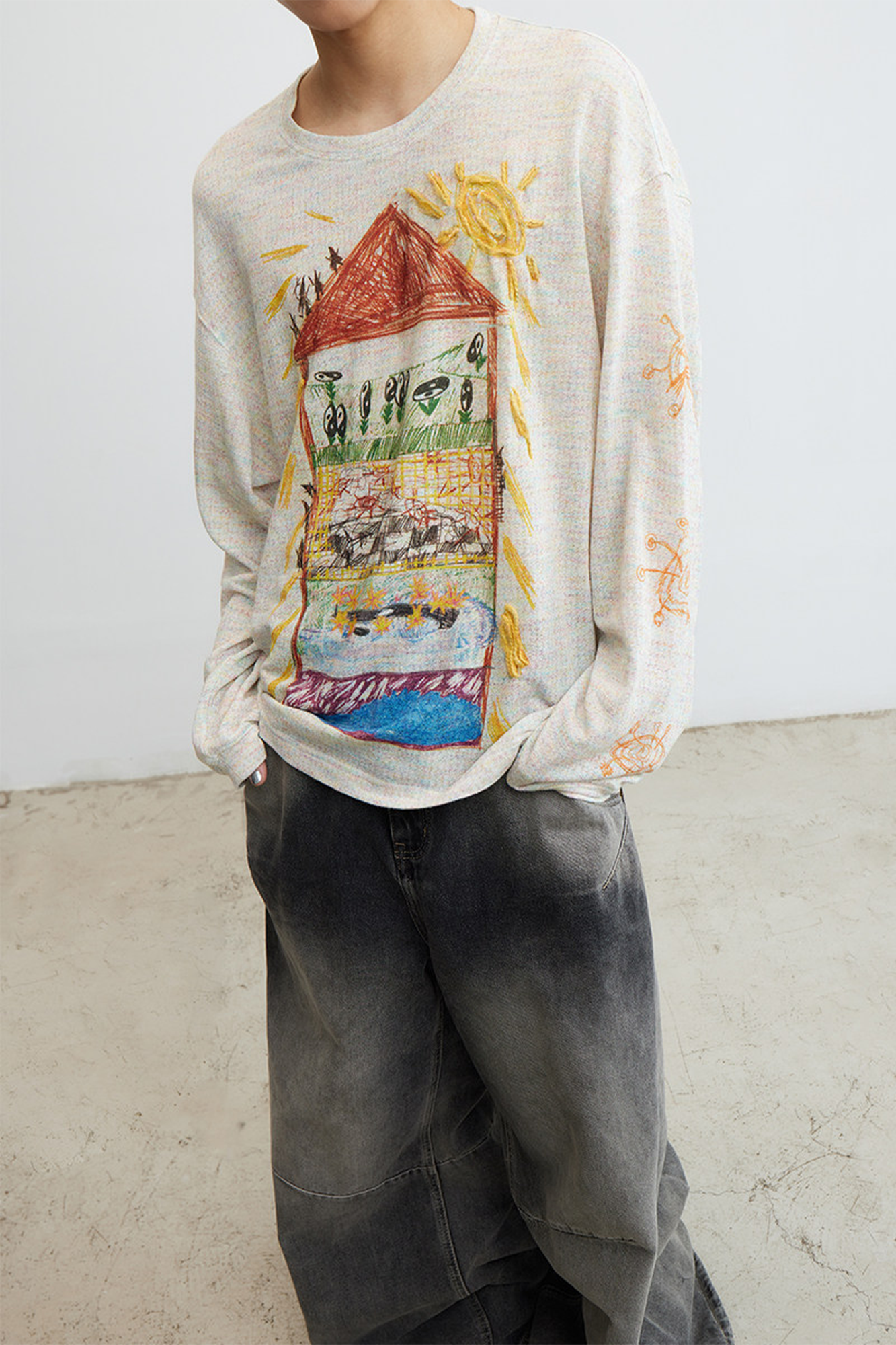 CONPCONP Doodle House Graphic Oversized Long-Sleeve Tee