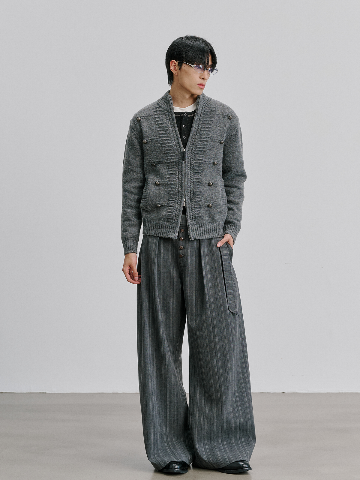 CATSSTAC Striped Belted Button Fly Wide-Leg Trousers