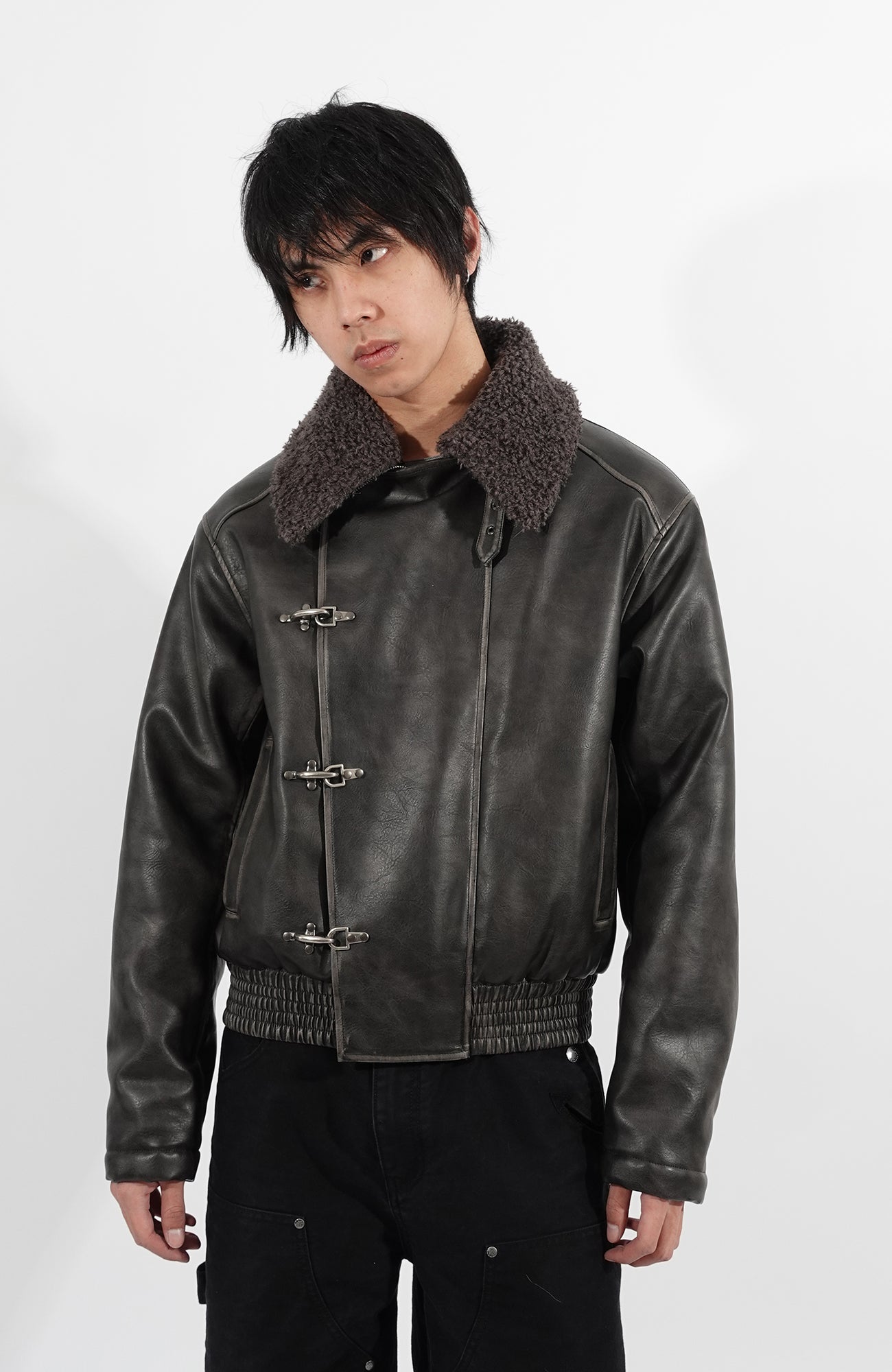 IN EXISTENCE Asymmetric Placket Washed Moto Jacket, premium urban and streetwear designers apparel on PROJECTISR.com, IN EXISTENCE