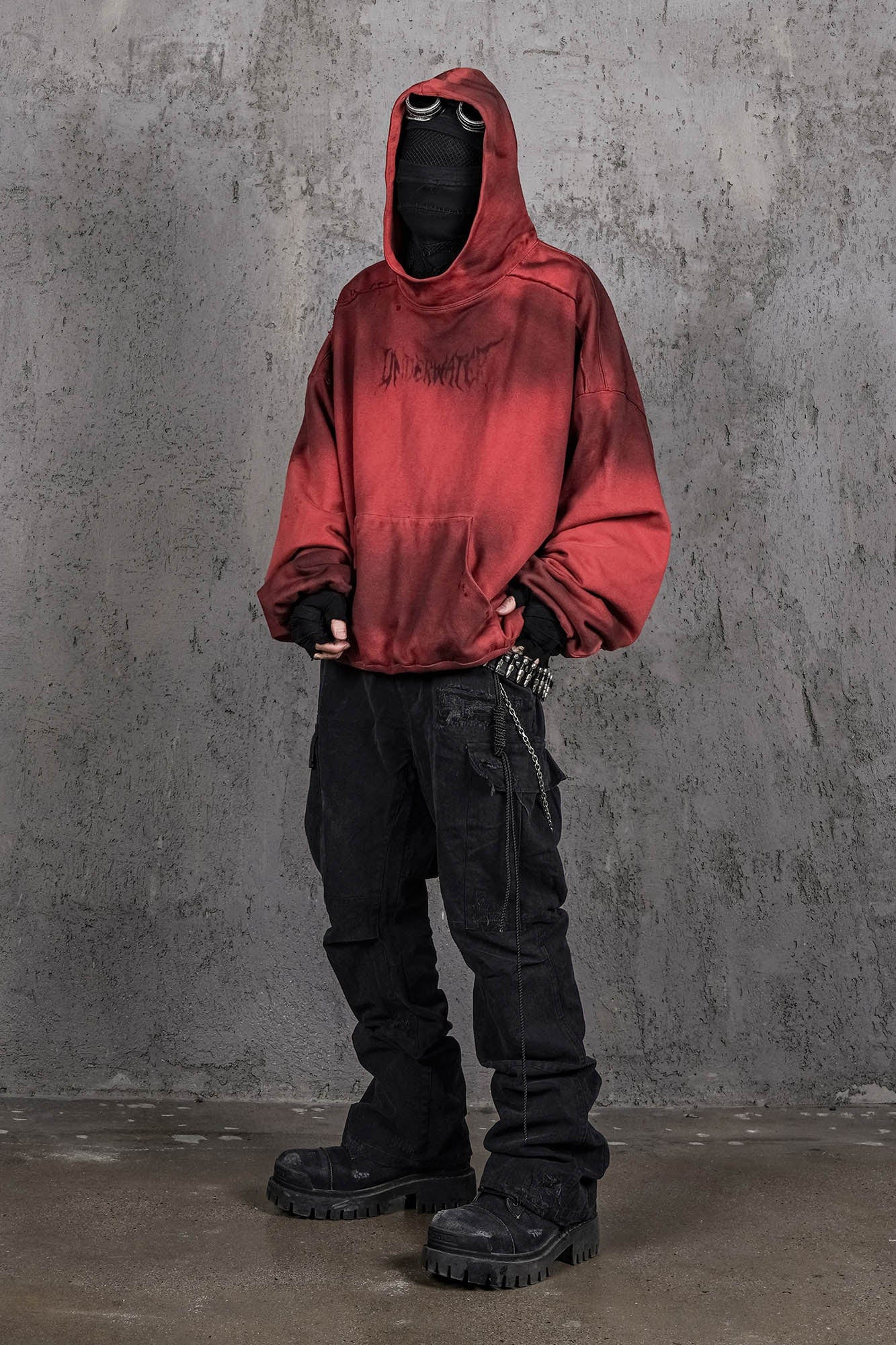 UNDERWATER Ashen Ember Distressed Elevated Hoodie Red, premium urban and streetwear designers apparel on PROJECTISR.com, UNDERWATER