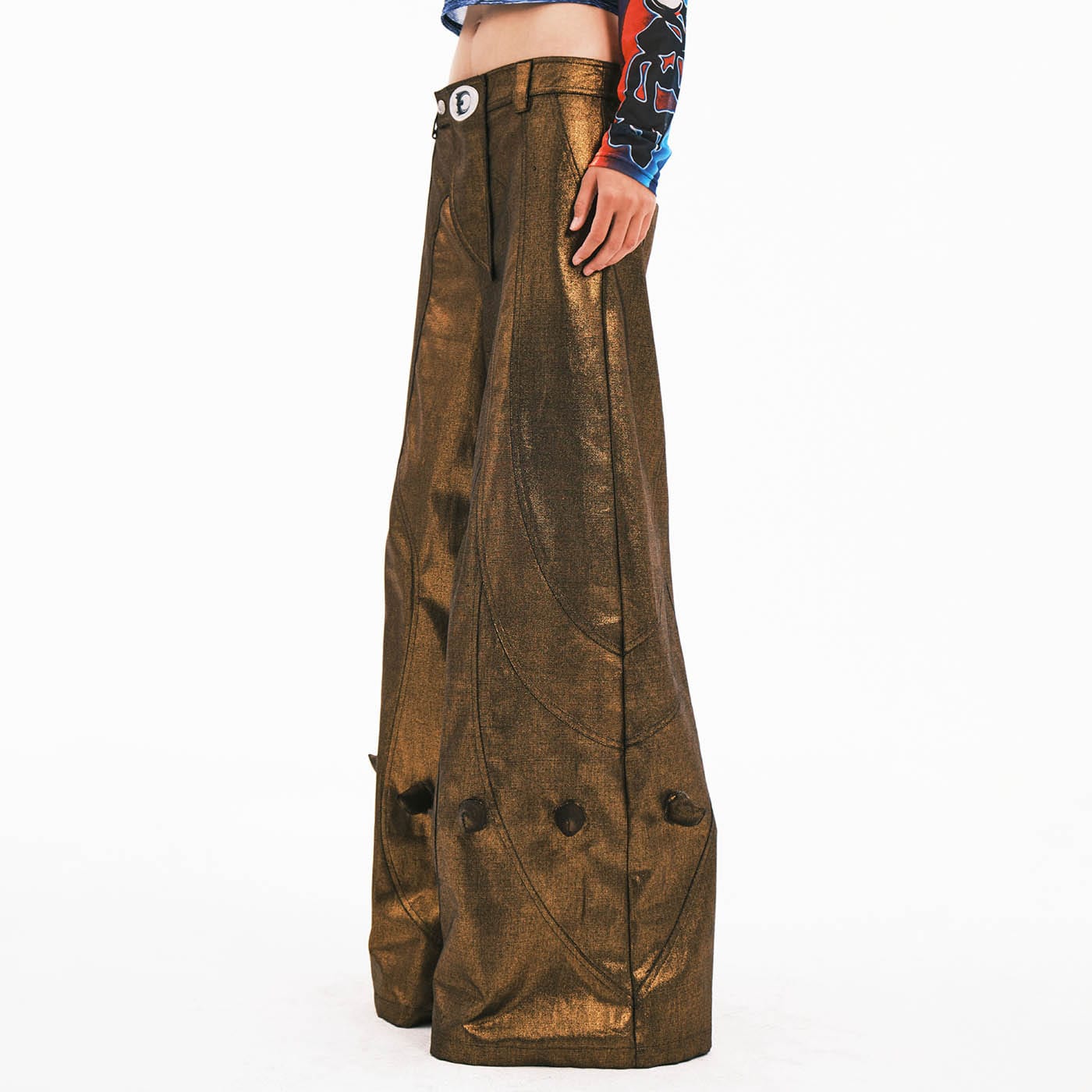 EMBRYO Metallic Devil Horned Wide-Leg Pants, premium urban and streetwear designers apparel on PROJECTISR.com, EMBRYO