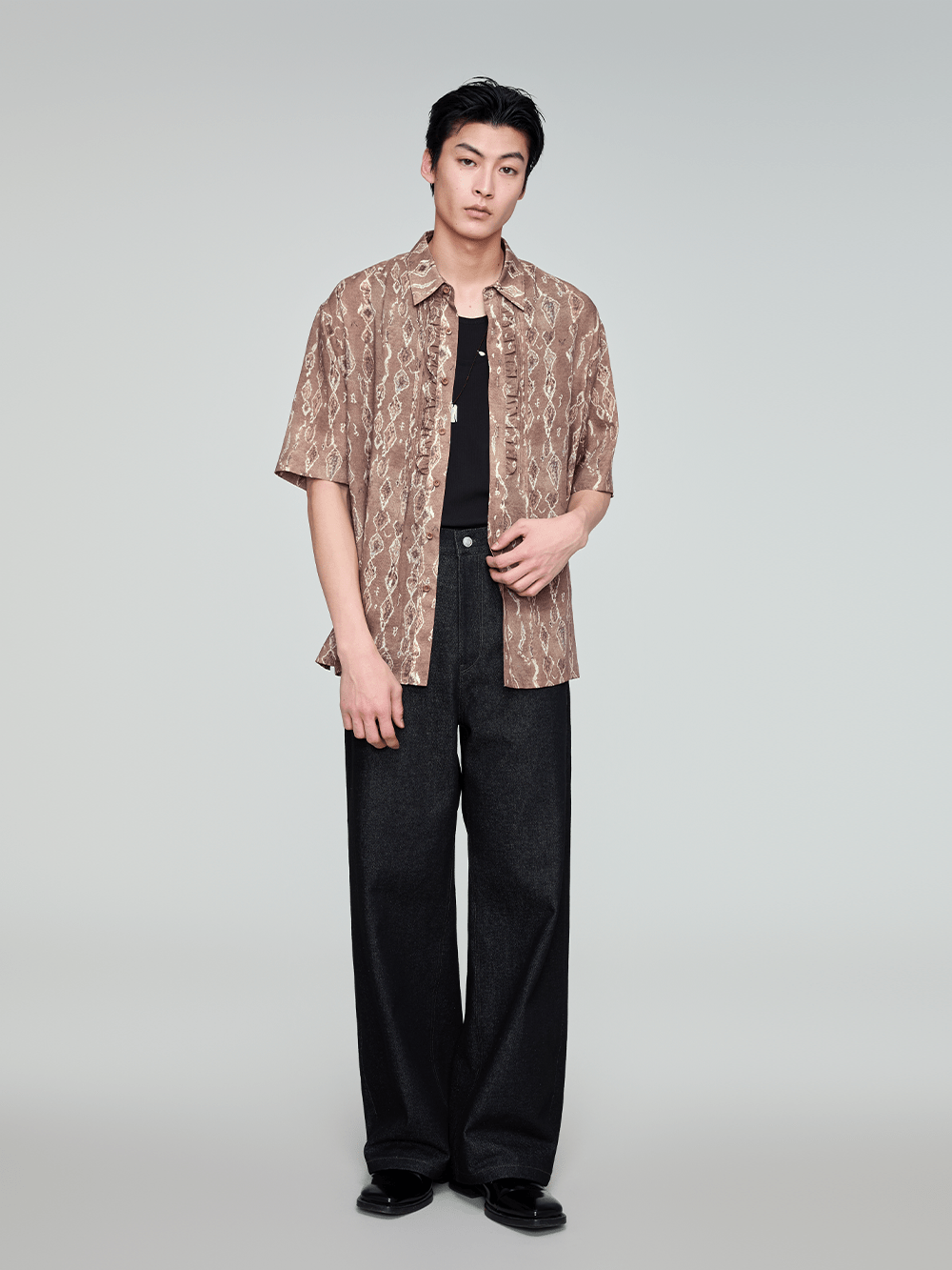 OPICLOTH Retro Woodgrain Full-Print Ruffle Half Shirt, premium urban and streetwear designers apparel on PROJECTISR.com, OPICLOTH