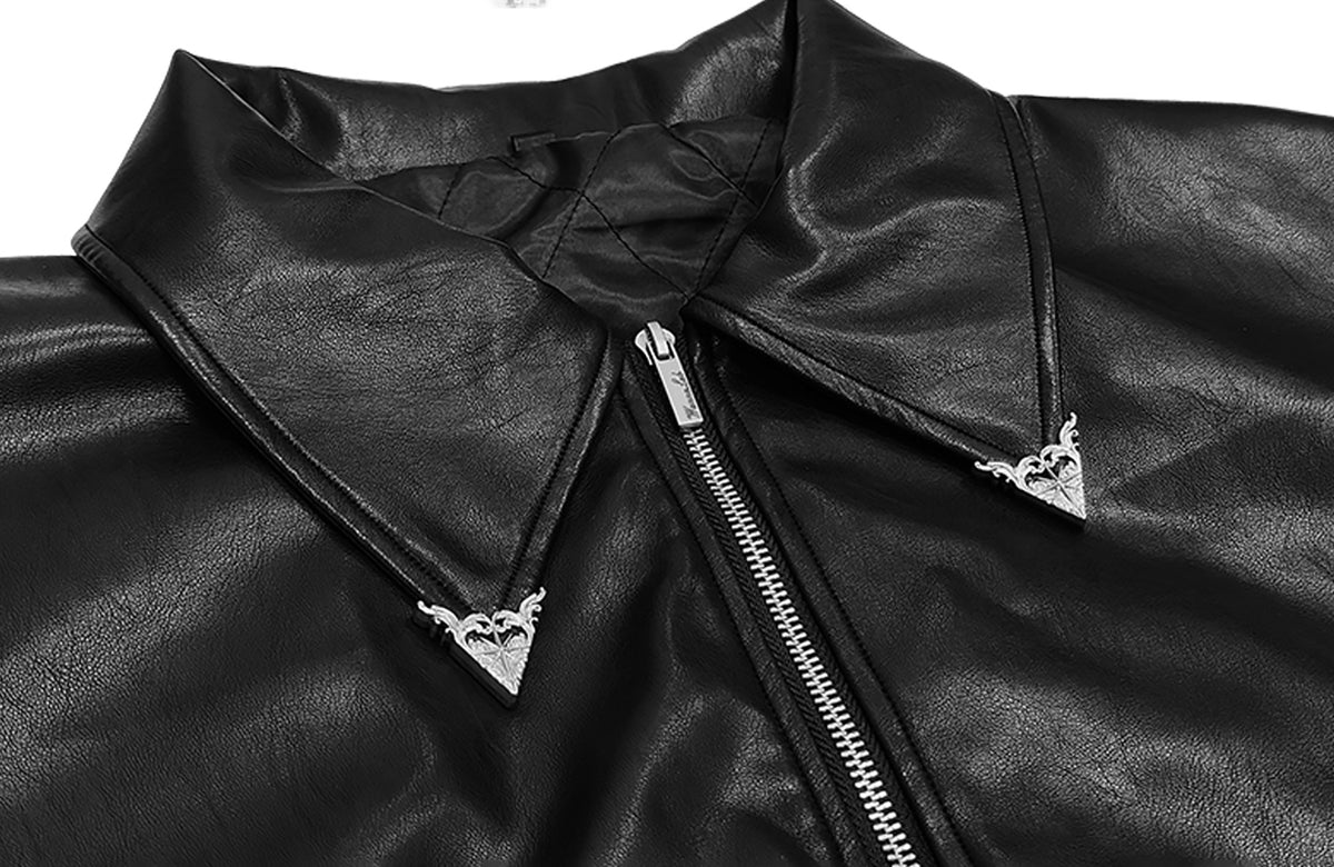WANNA LAB Studded Embroidered Collar Faux Leather Jacket