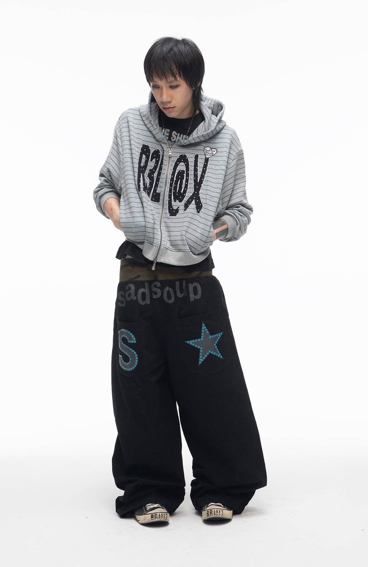 SADSOUP Striped Patchwork Zip-Up Hoodie