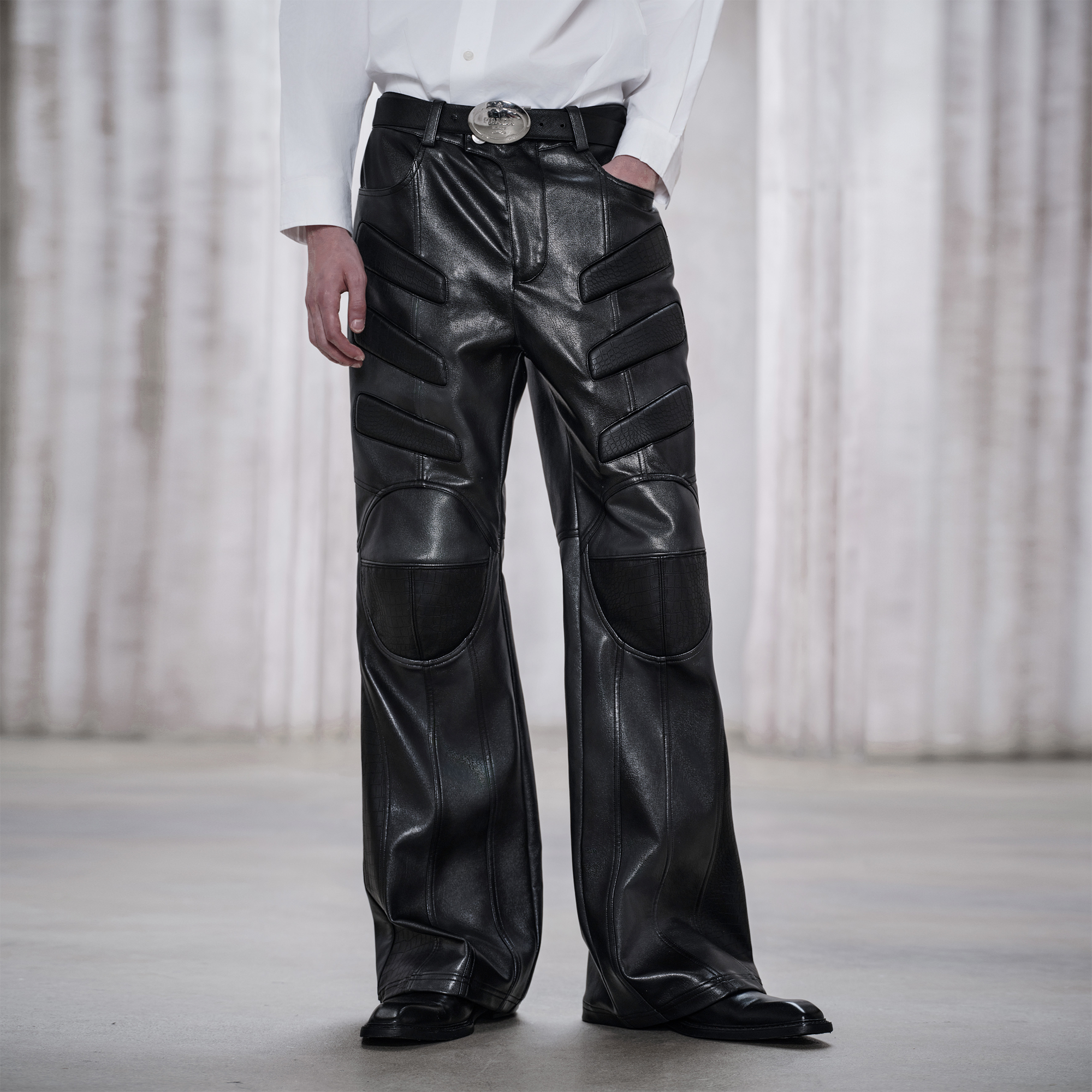 FACEONLAB Panel Armored Faux Leather Biker Pants Black