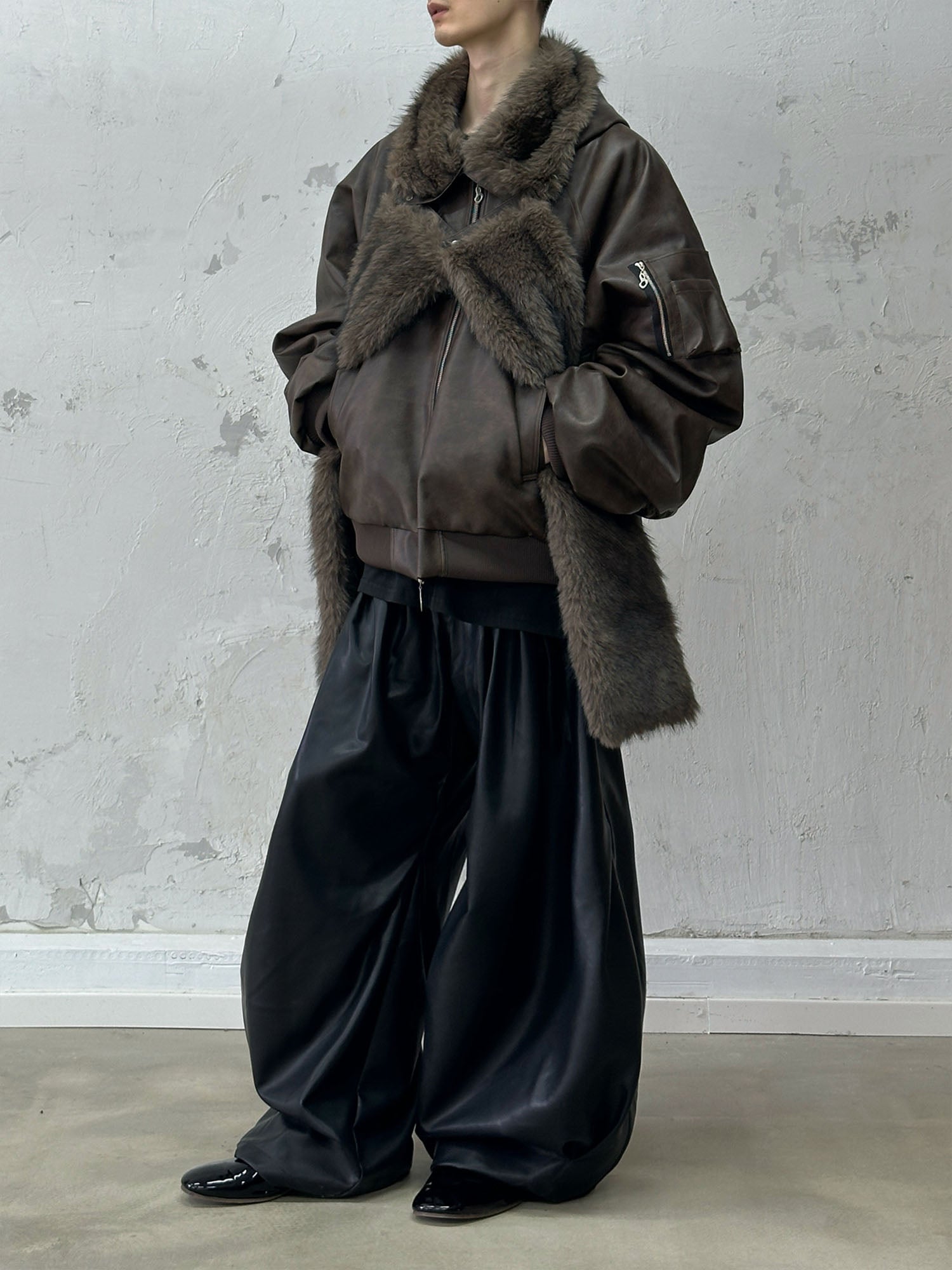 RELABEL Detachable Plush Scarf Ruched Hooded Jacket Brown, premium urban and streetwear designers apparel on PROJECTISR.com, RELABEL