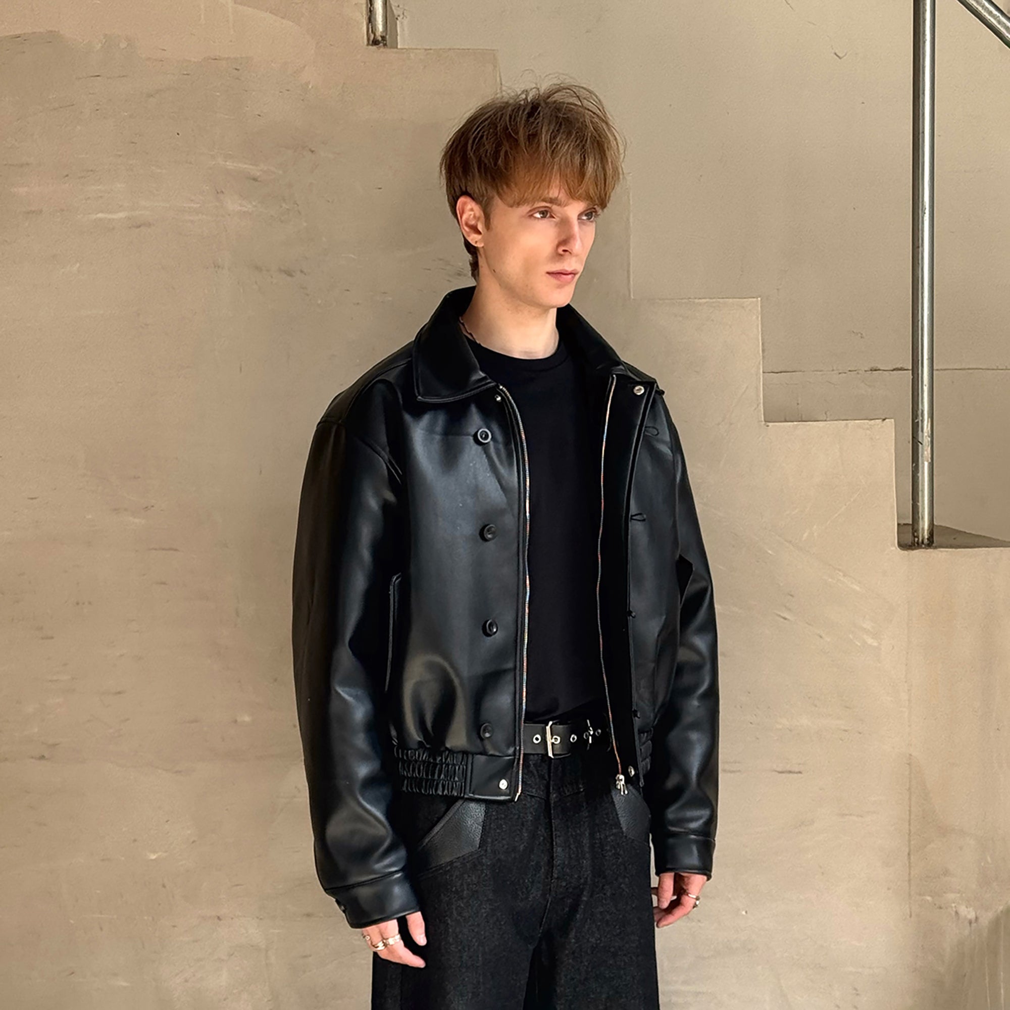 ESAIAS Retro Button-Up Faux Leather Puffer Jacket