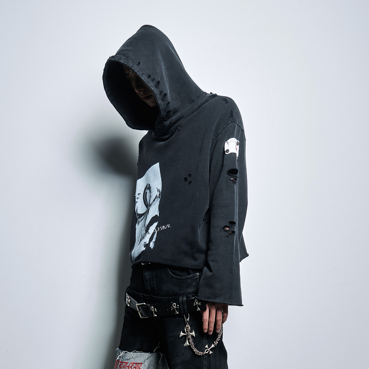 ANTI WAR REVIVAL Distressed Frayed Raw-Edge Oversized Hoodie
