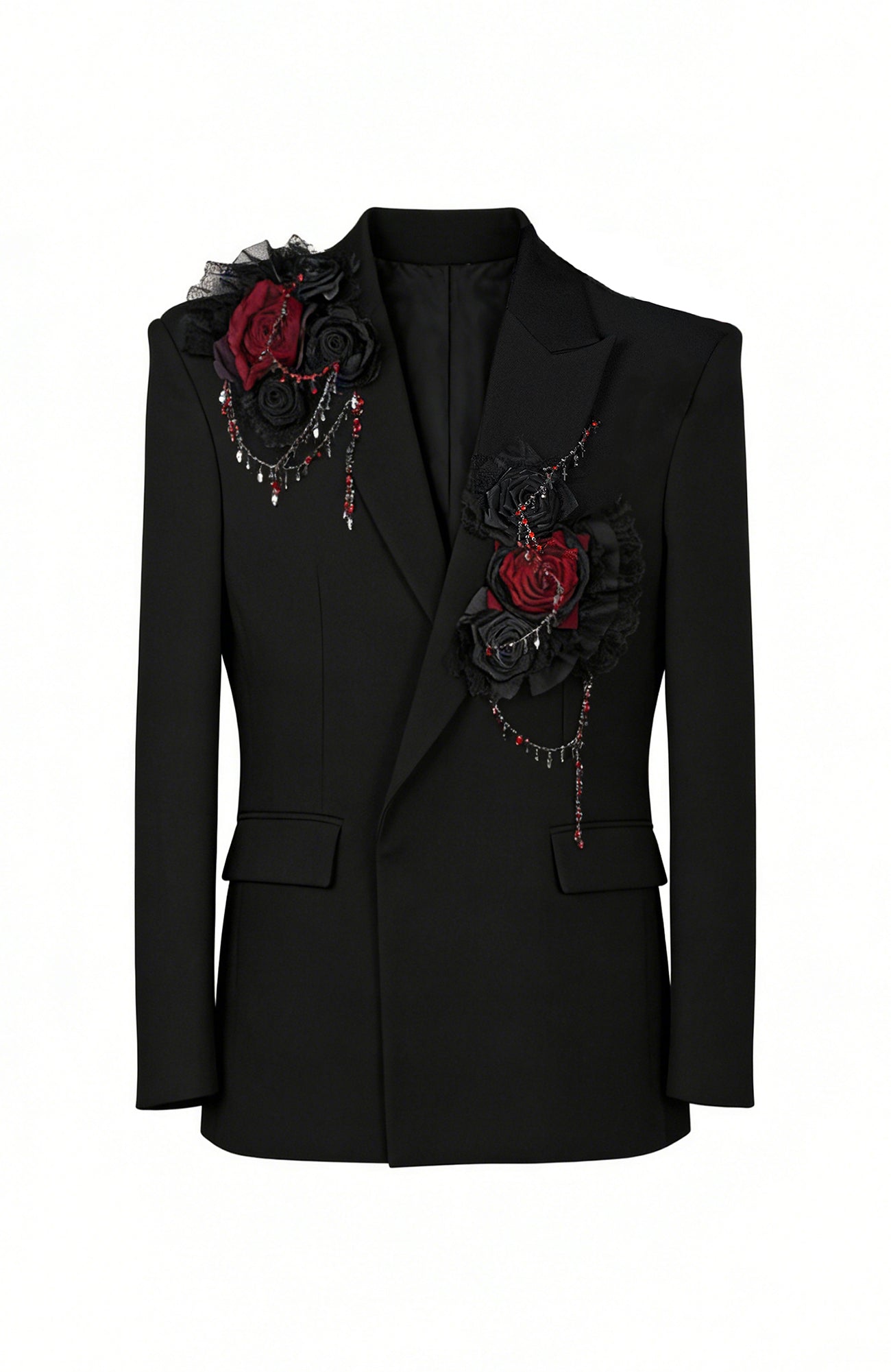 SHANG JIE Floral Appliqué Beaded Chain Blazer, premium urban and streetwear designers apparel on PROJECTISR.com, SHANG JIE