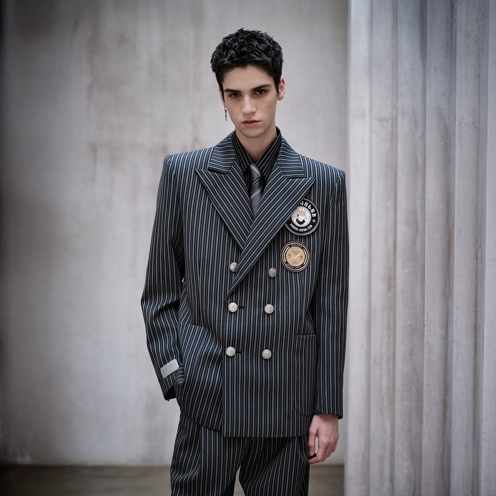 FACEONLAB Stripe Badge-Patch Double-Breasted Jacket FACEONLAB Stripe Badge-Patch Double-Breasted Jacket