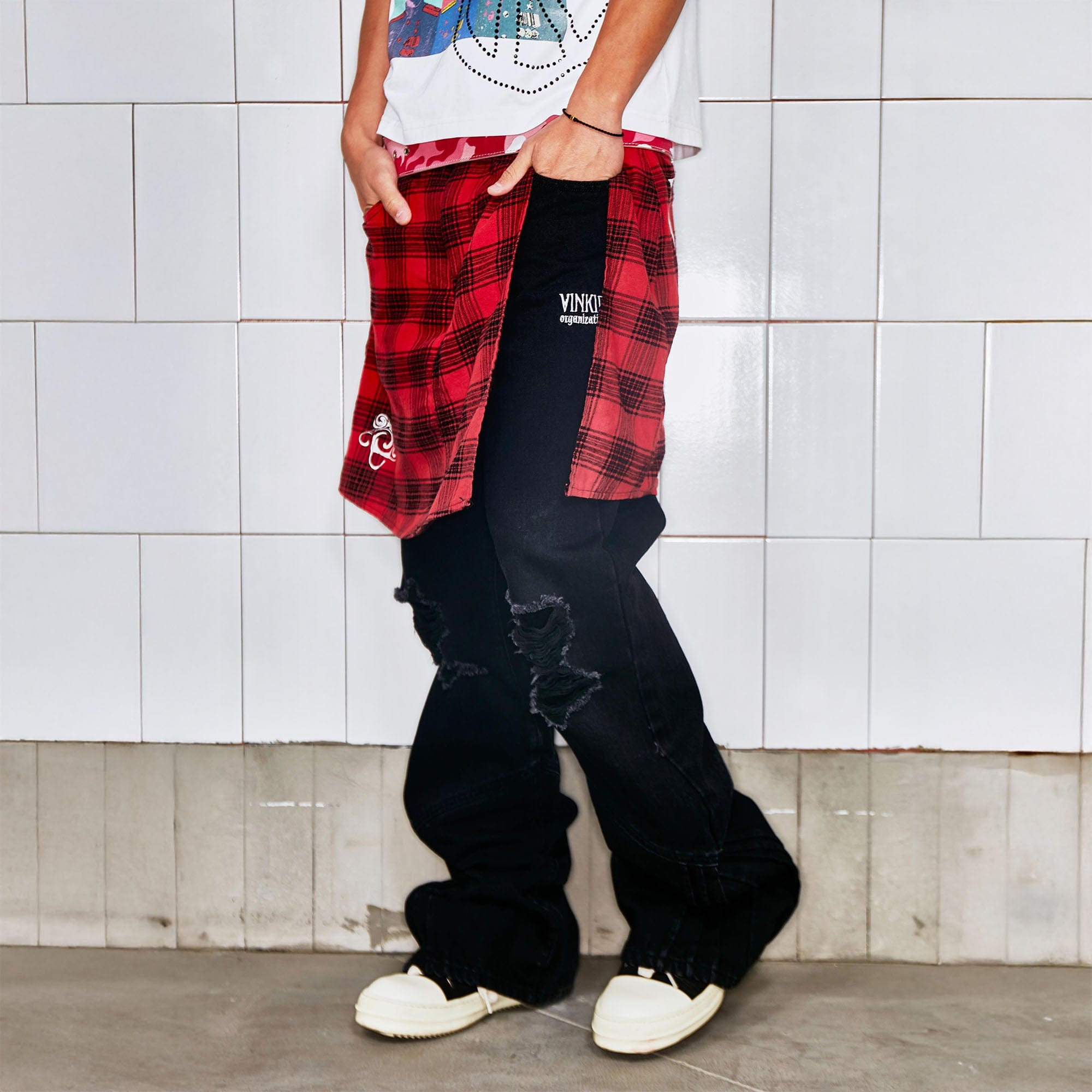 VINKID Plaid Skirt Overlay Ripped Jeans, premium urban and streetwear designers apparel on PROJECTISR.com, VINKID