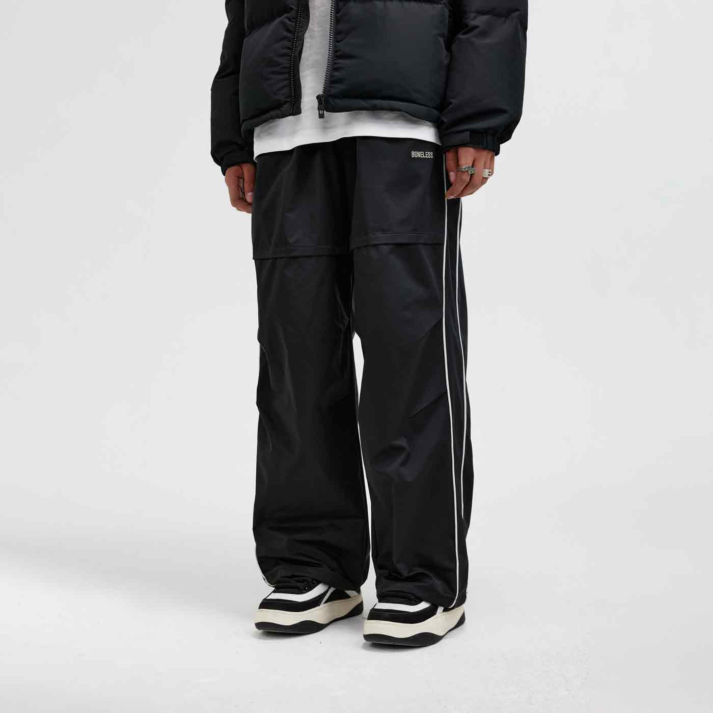 BONELESS Paneled Crinkled Parachute Pants Cho, premium urban and streetwear designers apparel on PROJECTISR.com, BONELESS