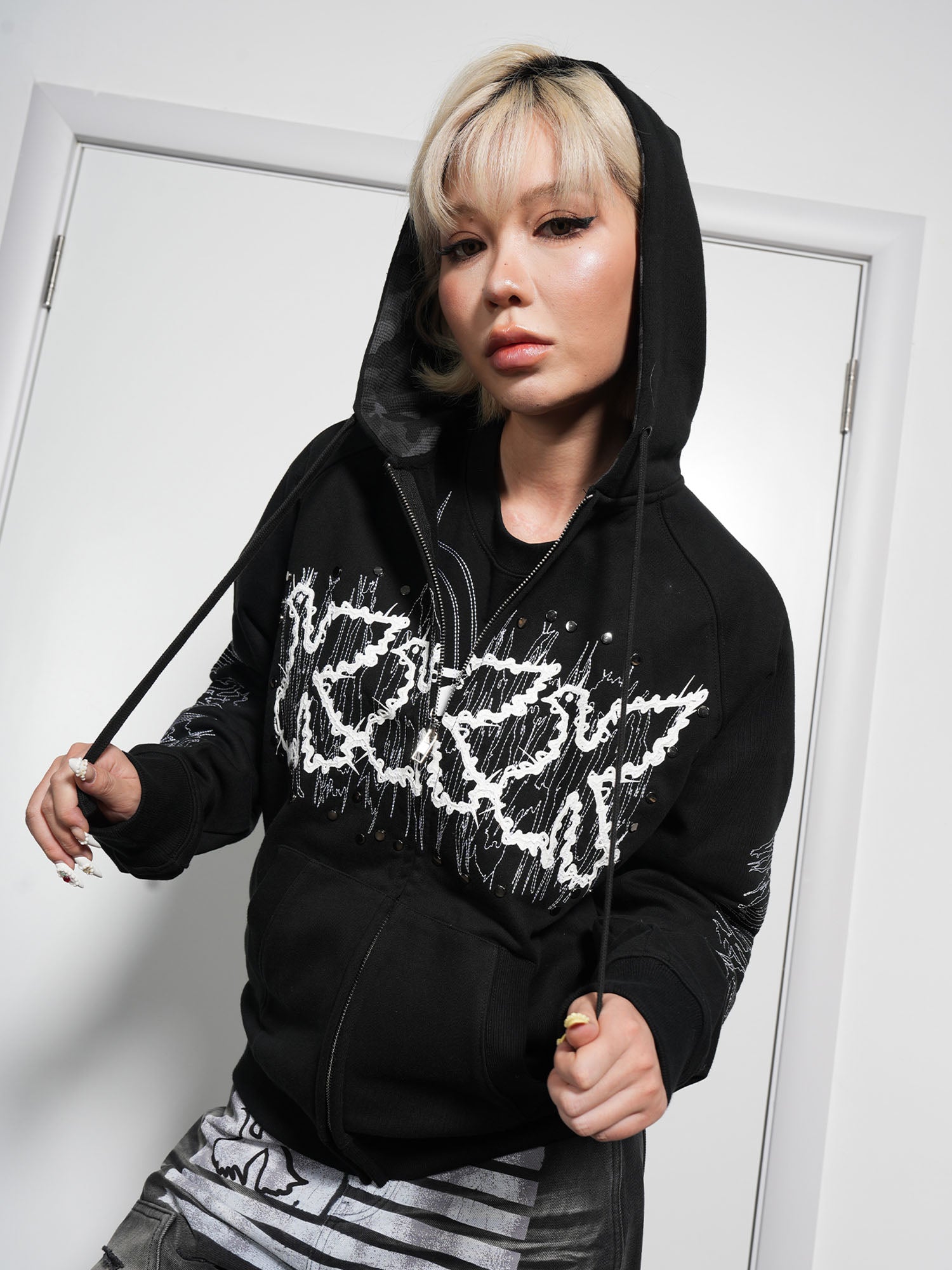 VINKID Dove Patch Chaos Stitch Zip-Up Hoodie