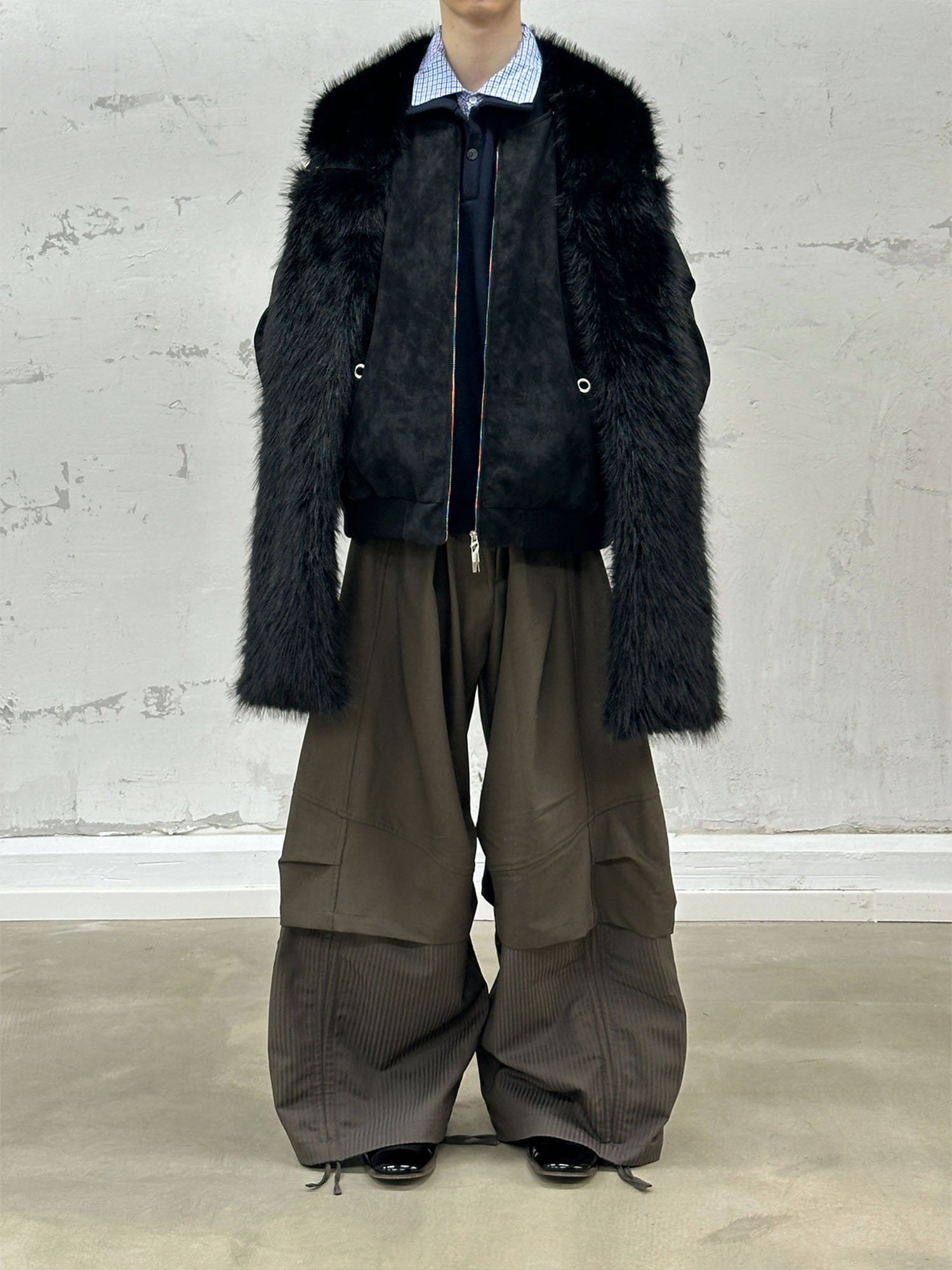 RELABEL Detachable Plush Scarf Hooded Suede Jacket Black, premium urban and streetwear designers apparel on PROJECTISR.com, RELABEL