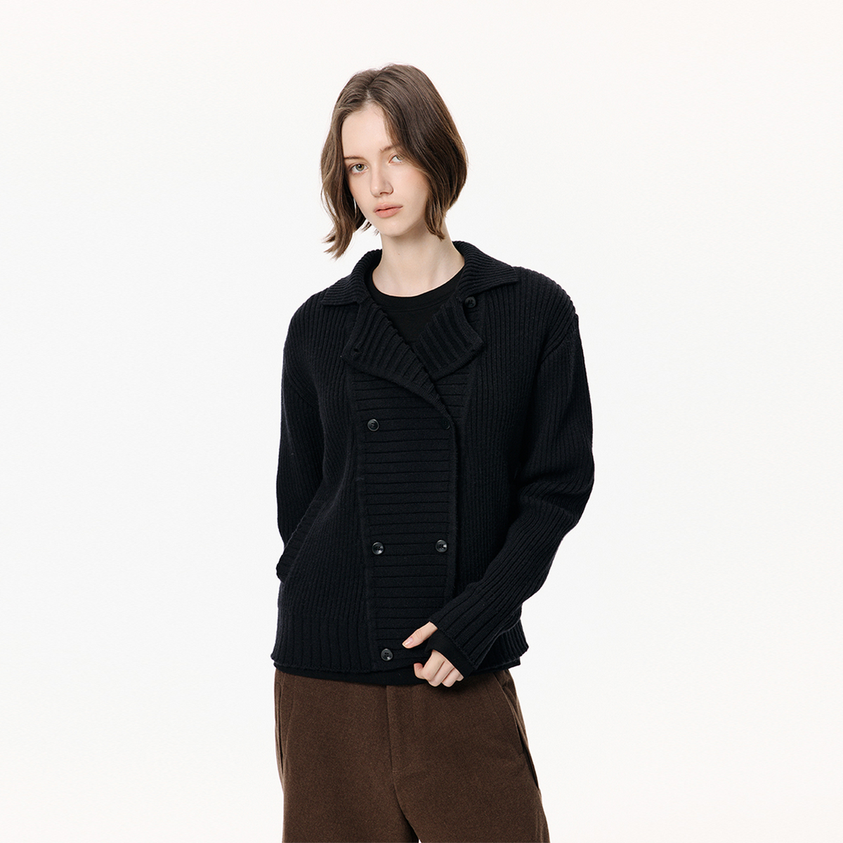 KREATE Ribbed Double-Breasted Lapel Cardigan