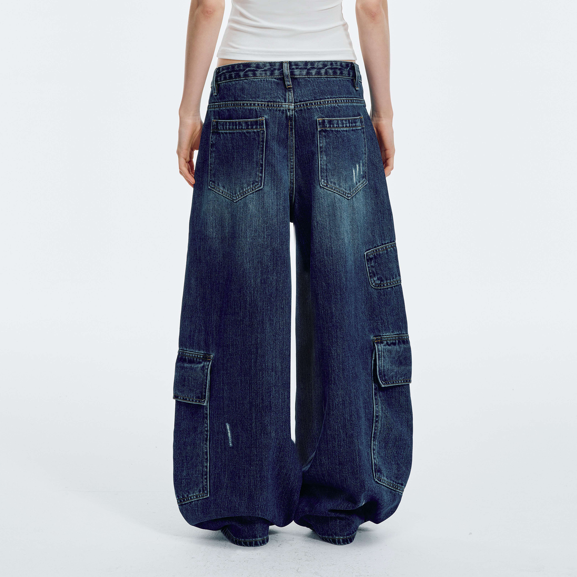 HAHAHA Washed Distressed Multi-Pocket Wide-Leg Jeans