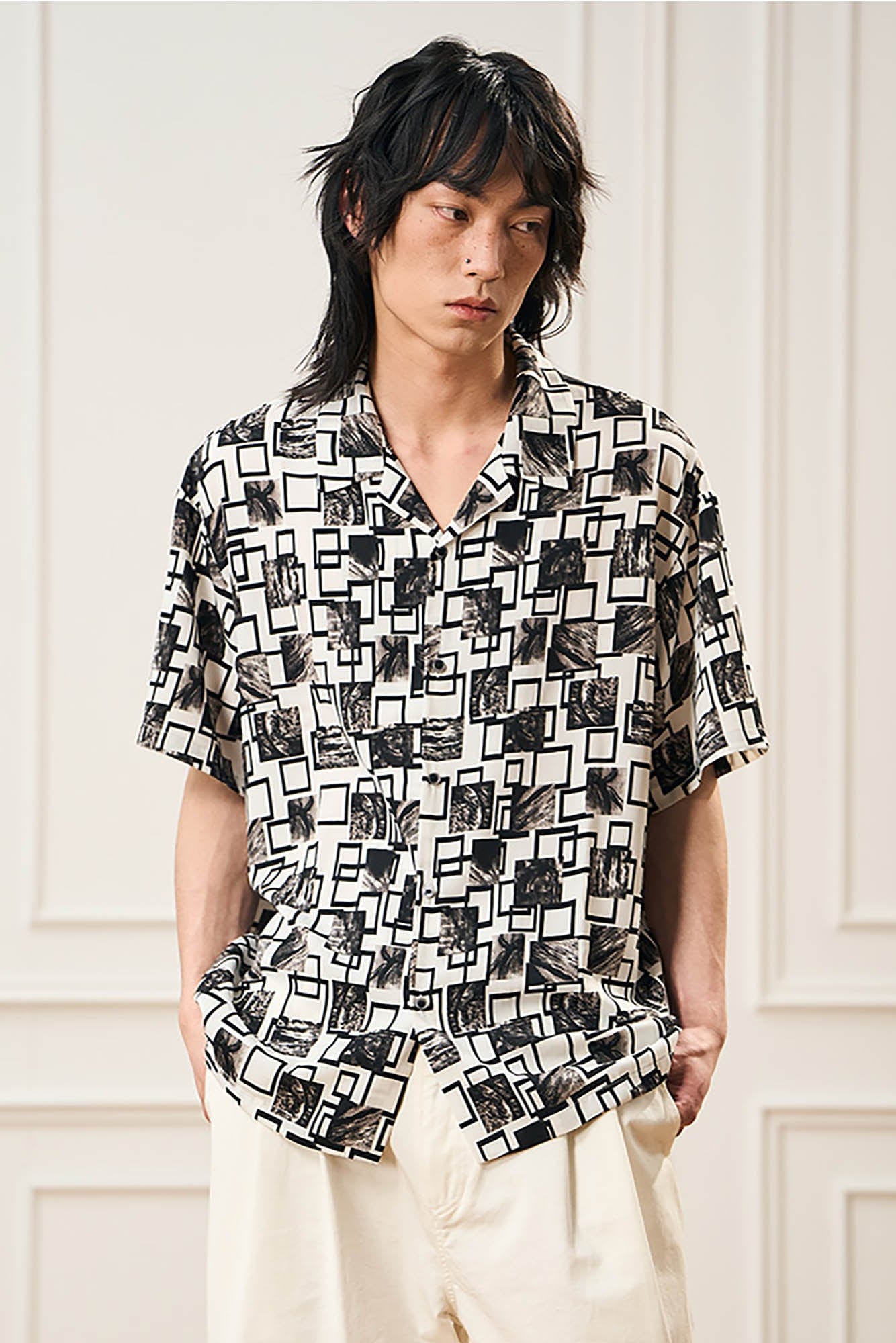 EPIC POETRY Monochrome Collage Grid Cuban Half Shirt, premium urban and streetwear designers apparel on PROJECTISR.com, EPIC POETRY