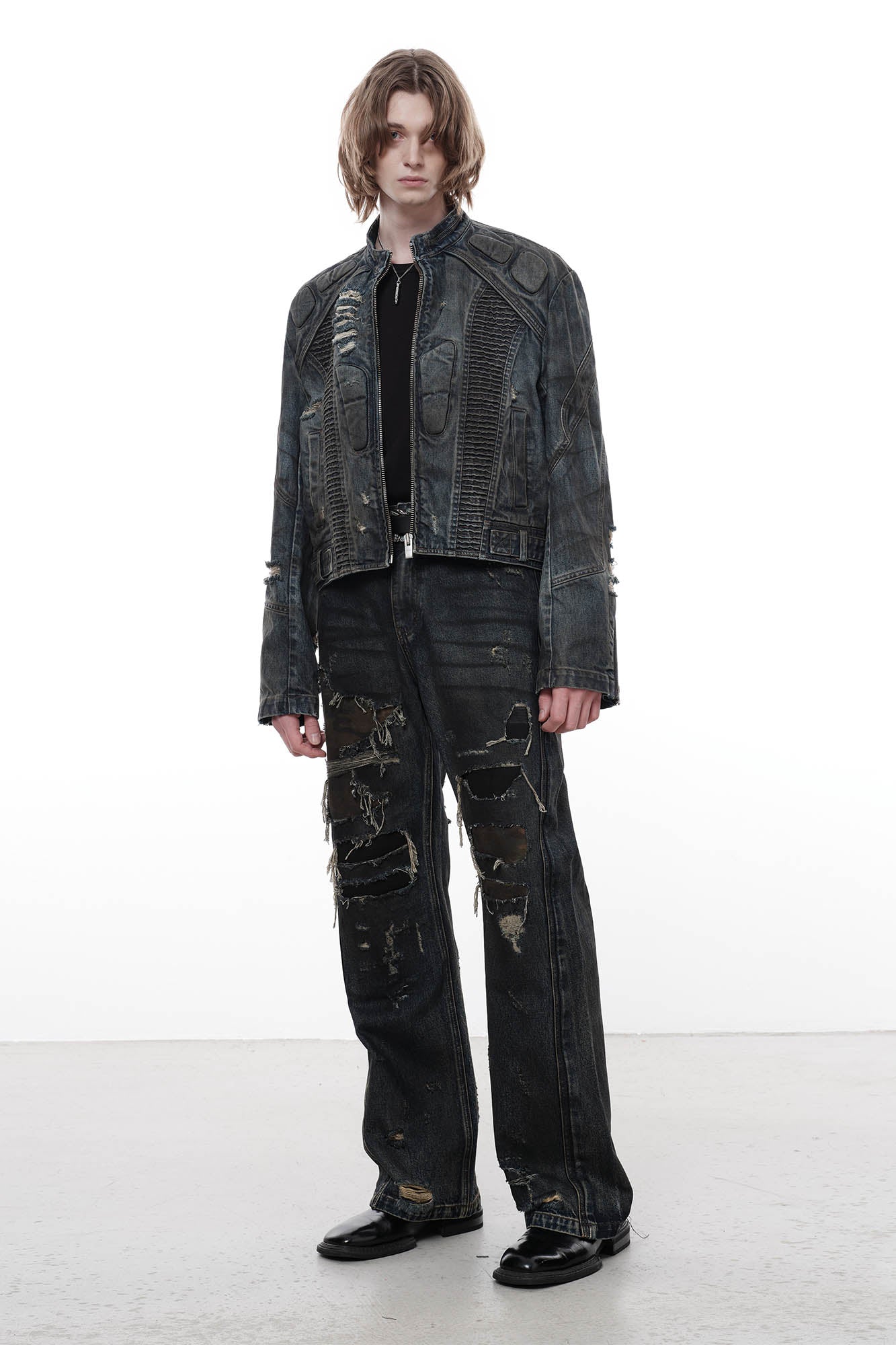 FACEONLAB Distressed Tie-Dye Ripped Biker Denim Jacket Black