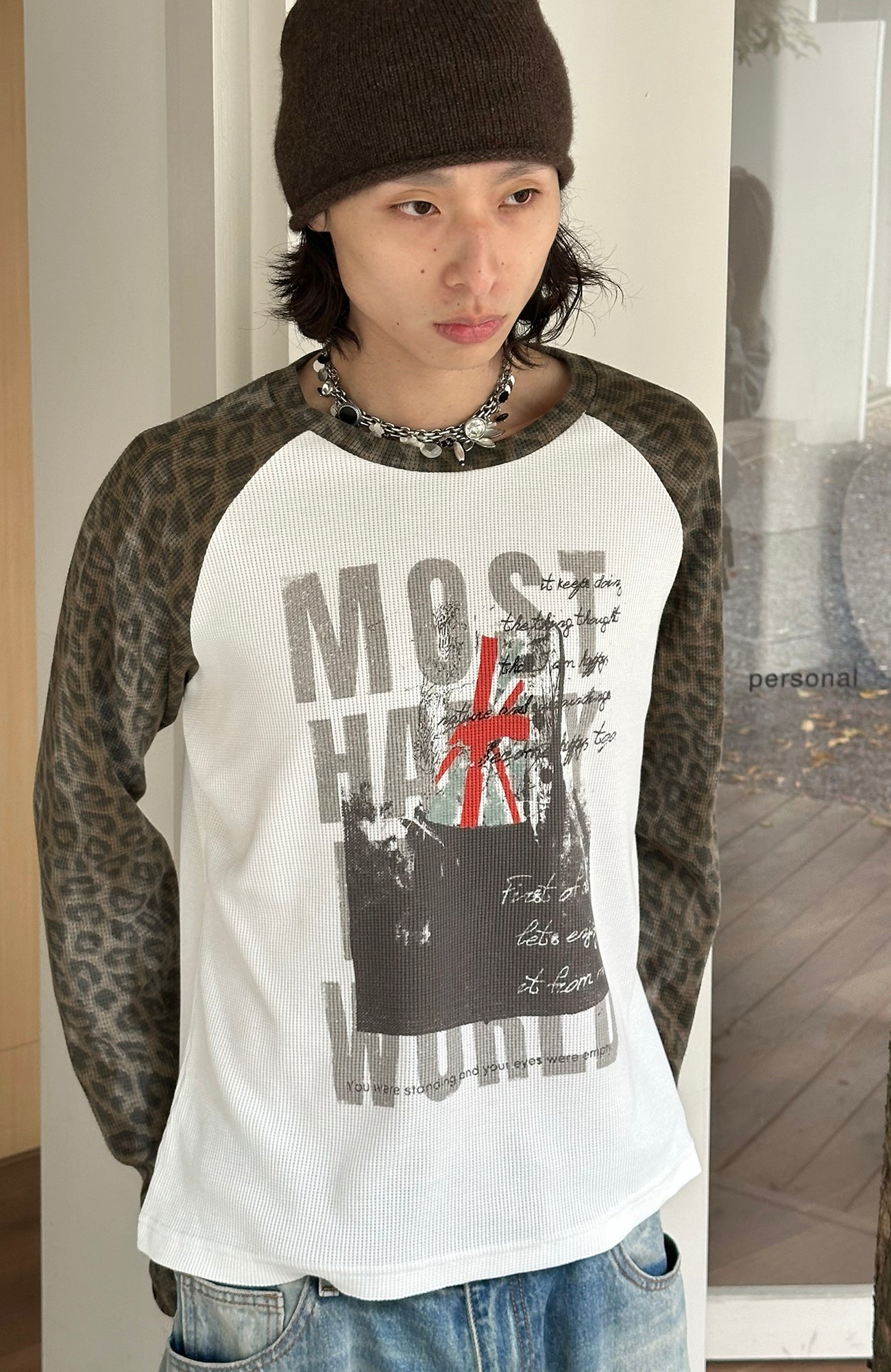 SADSOUP Leopard Raglan Waffle Long-Sleeve Tee