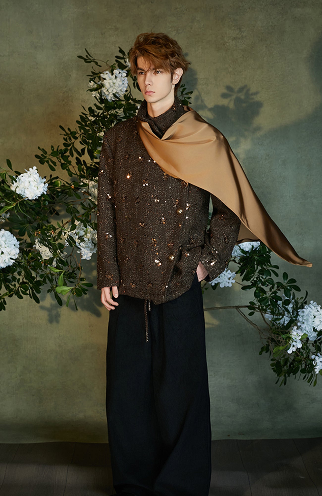 JIECHI Sequin Embroidered Satin Shawl Blazer