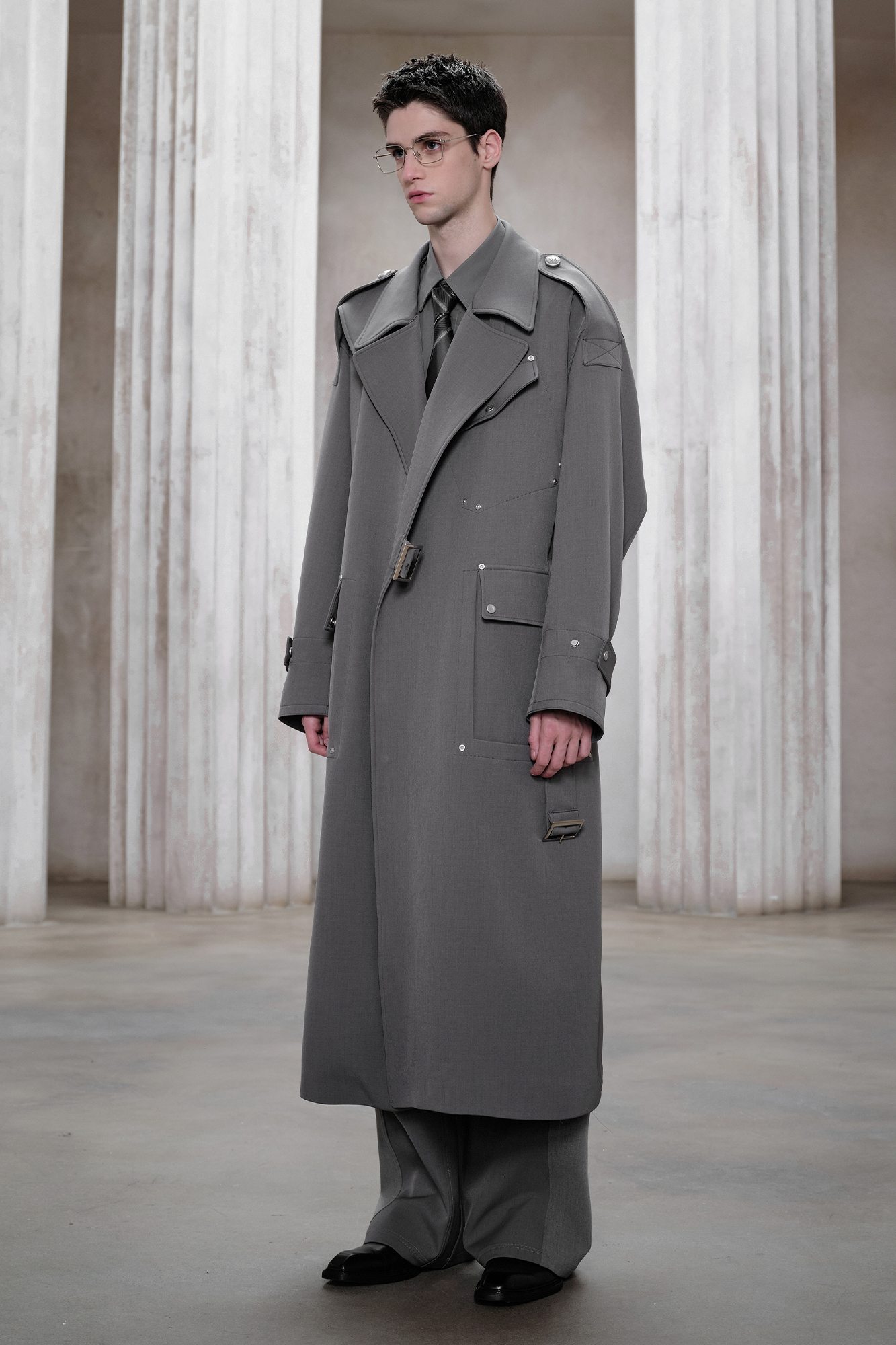 FACEONLAB Essential Military Trench Coat Gray
