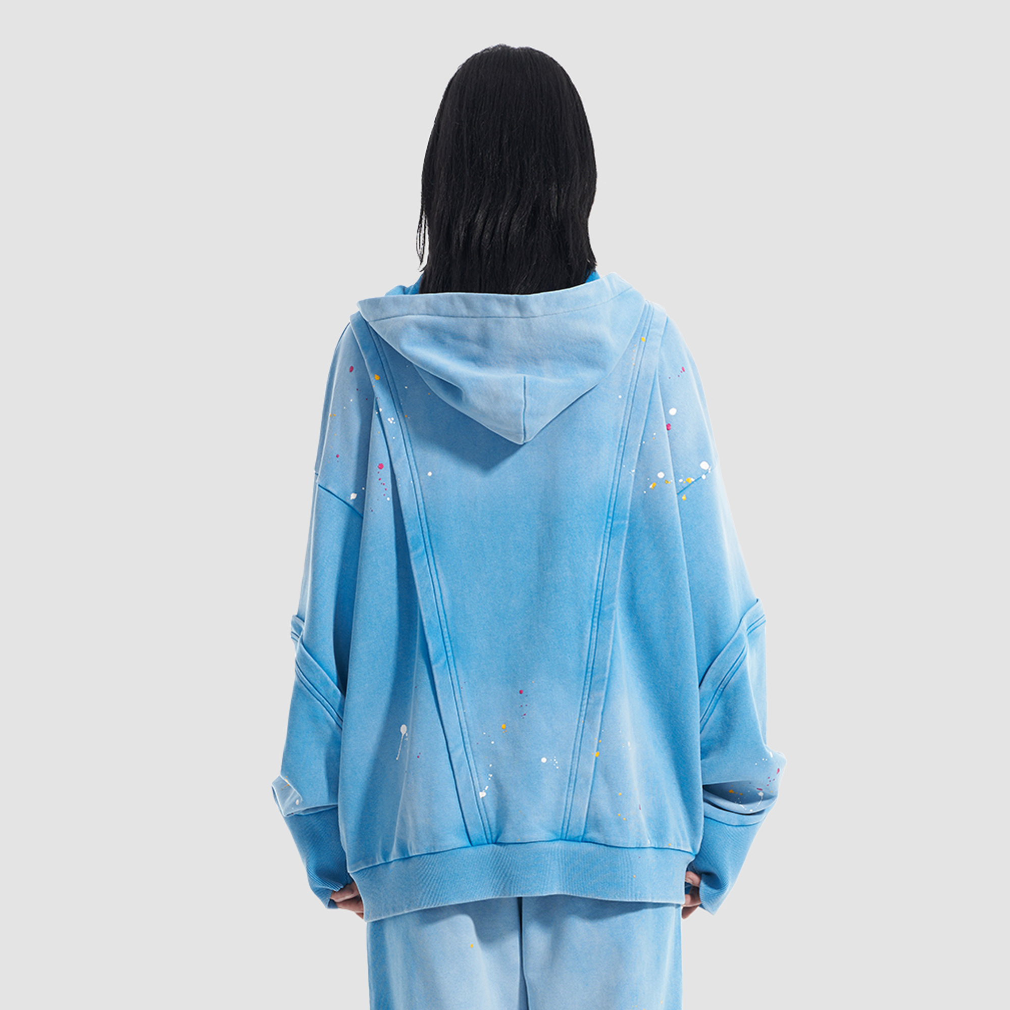VANN VALRENCE Washed Paint-Splattered Paneled Zip Hoodie