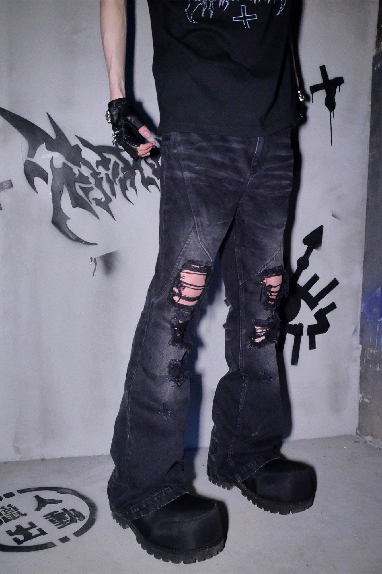 PHANTOMHUNTER Distressed Paneled Ripped Flared Jeans