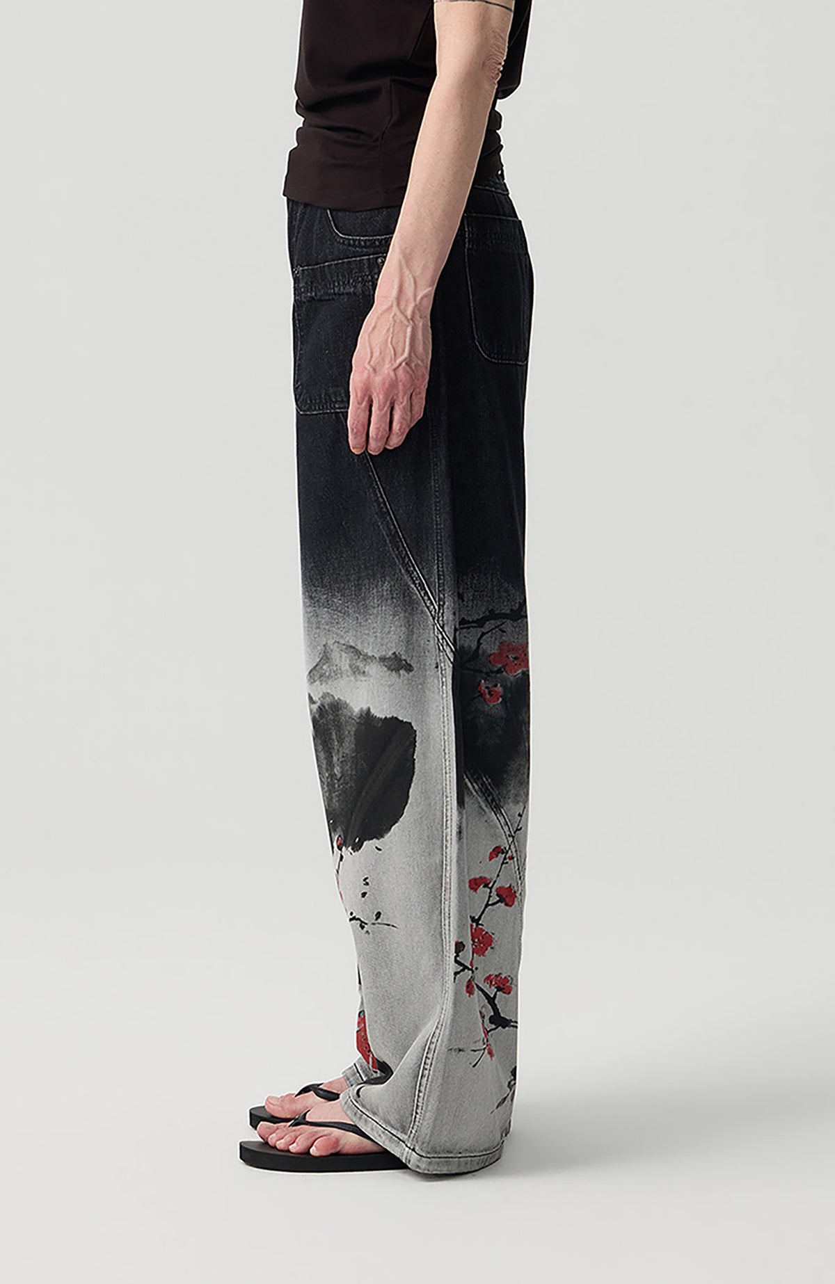 HAHAHA STUDIOS Ink Plum Blossom Washed Wide-Leg Jeans