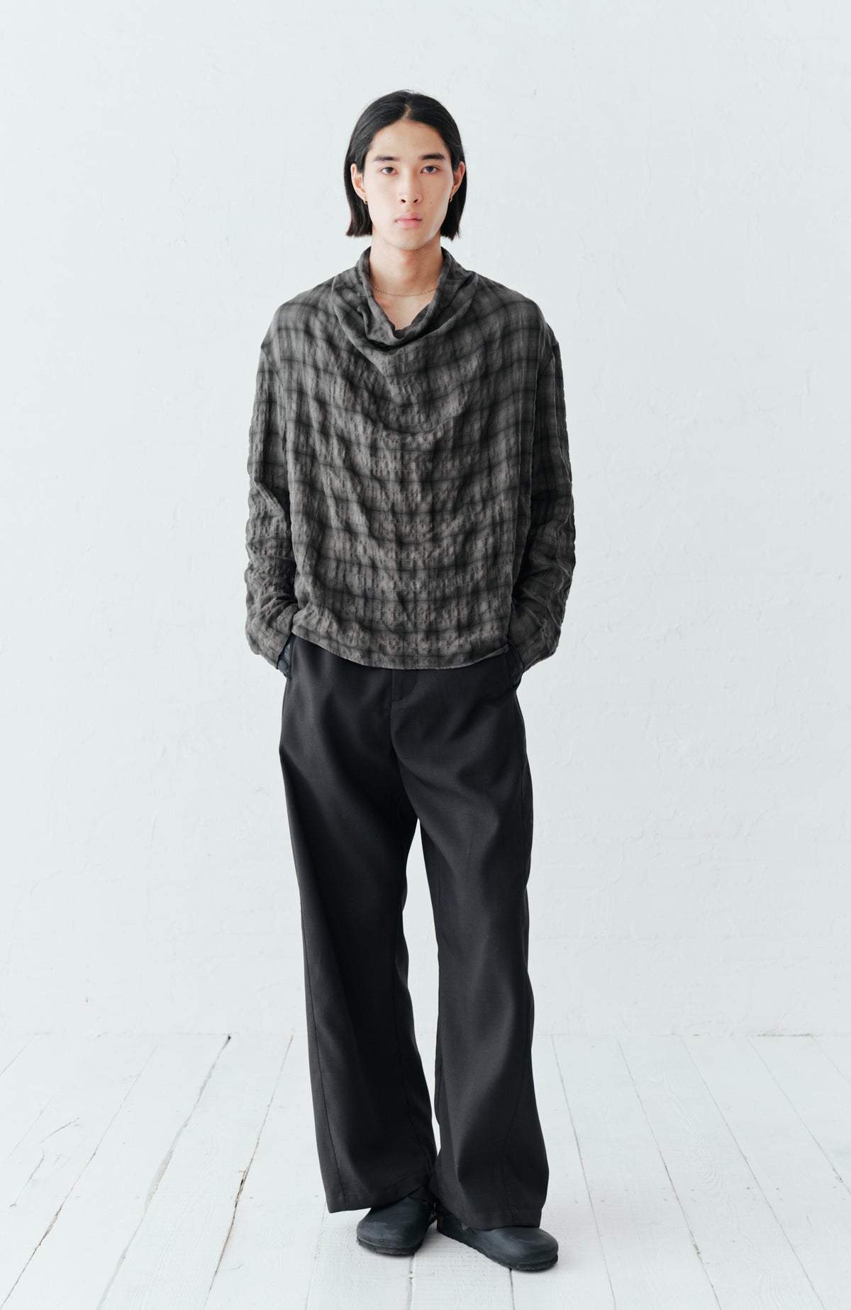 GRAINMUSTARD Plaid Crinkled Cowl Neck Shirt