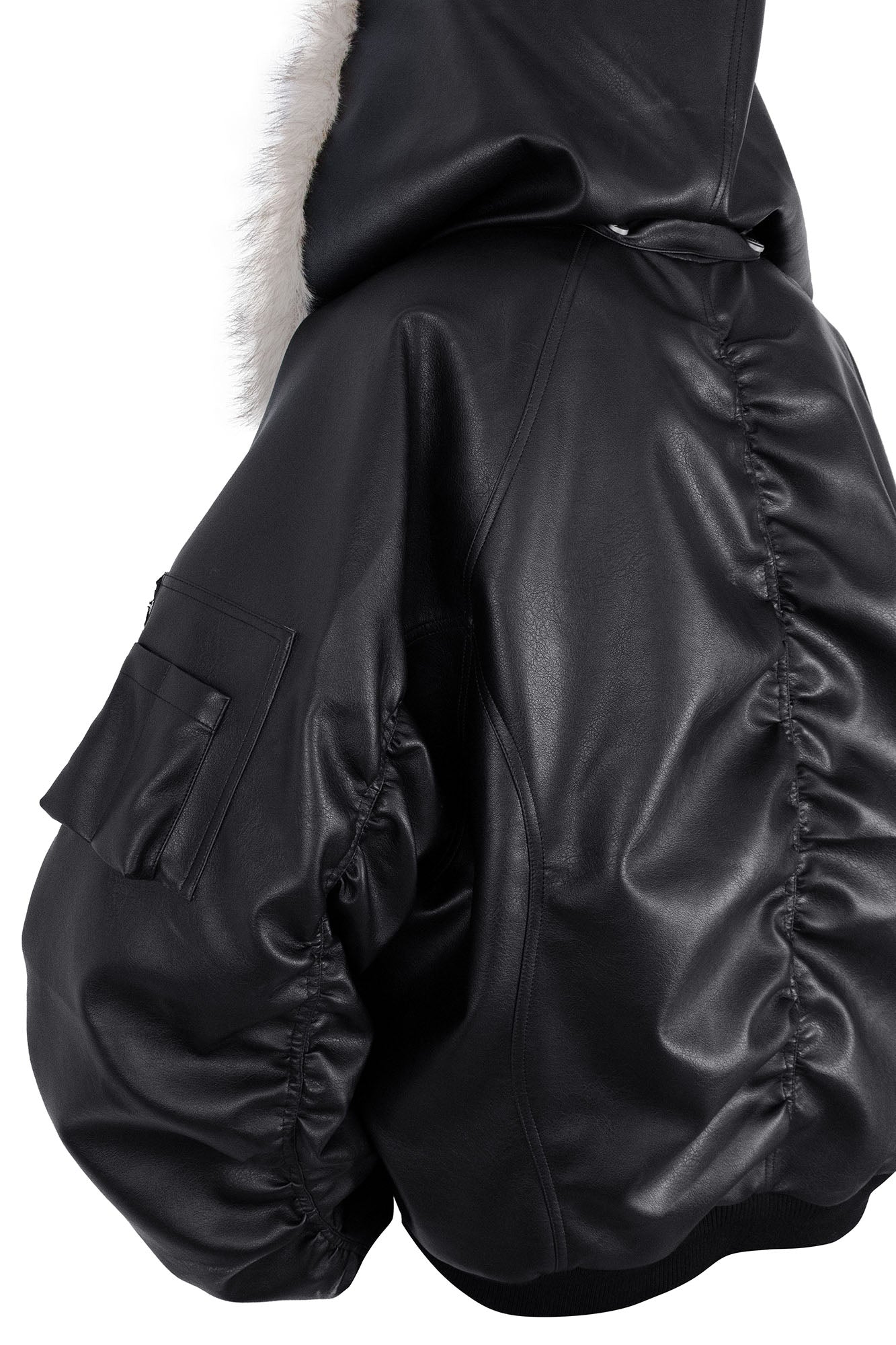 RELABEL Detachable Plush Scarf Ruched Hooded Jacket Black, premium urban and streetwear designers apparel on PROJECTISR.com, RELABEL