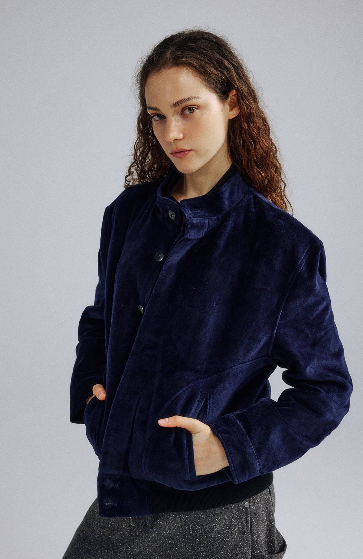 IN EXISTENCE Velvet-Texture Spliced Short Jacket