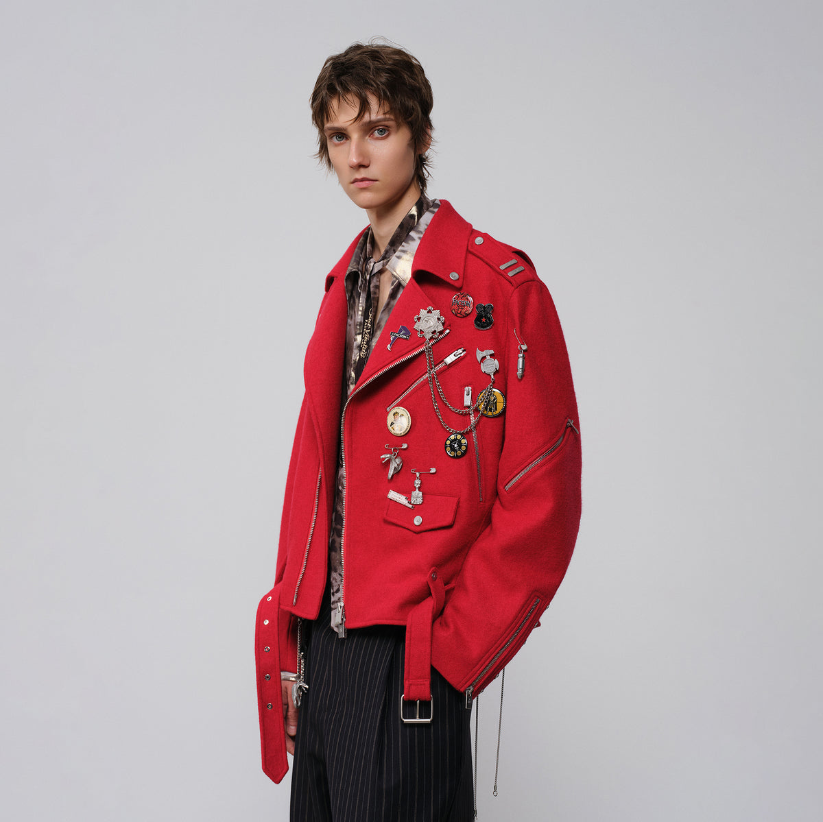 FACEONLAB Wool-Blend Badge Biker Jacket