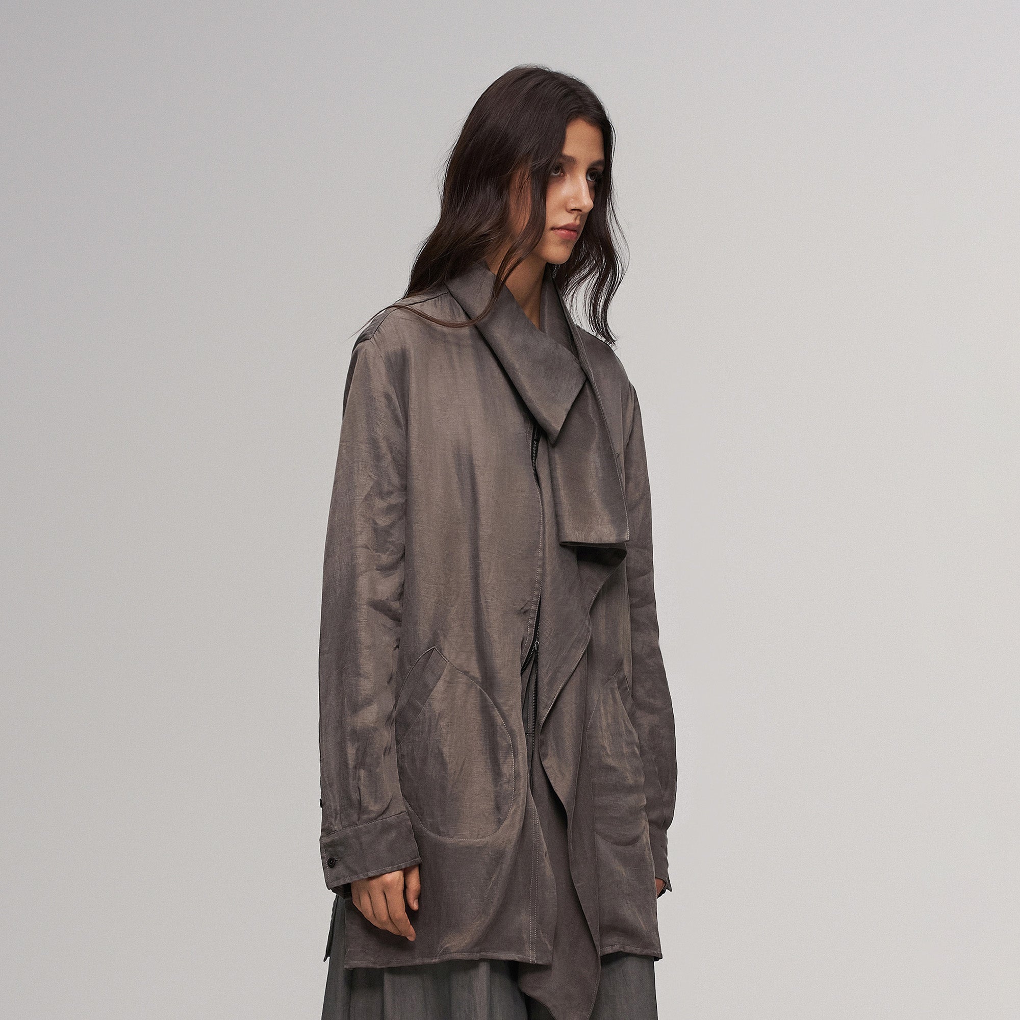 ILNya Nieternite Nifutur Asym Layered Wrap-Collar Shirt Coat Gray