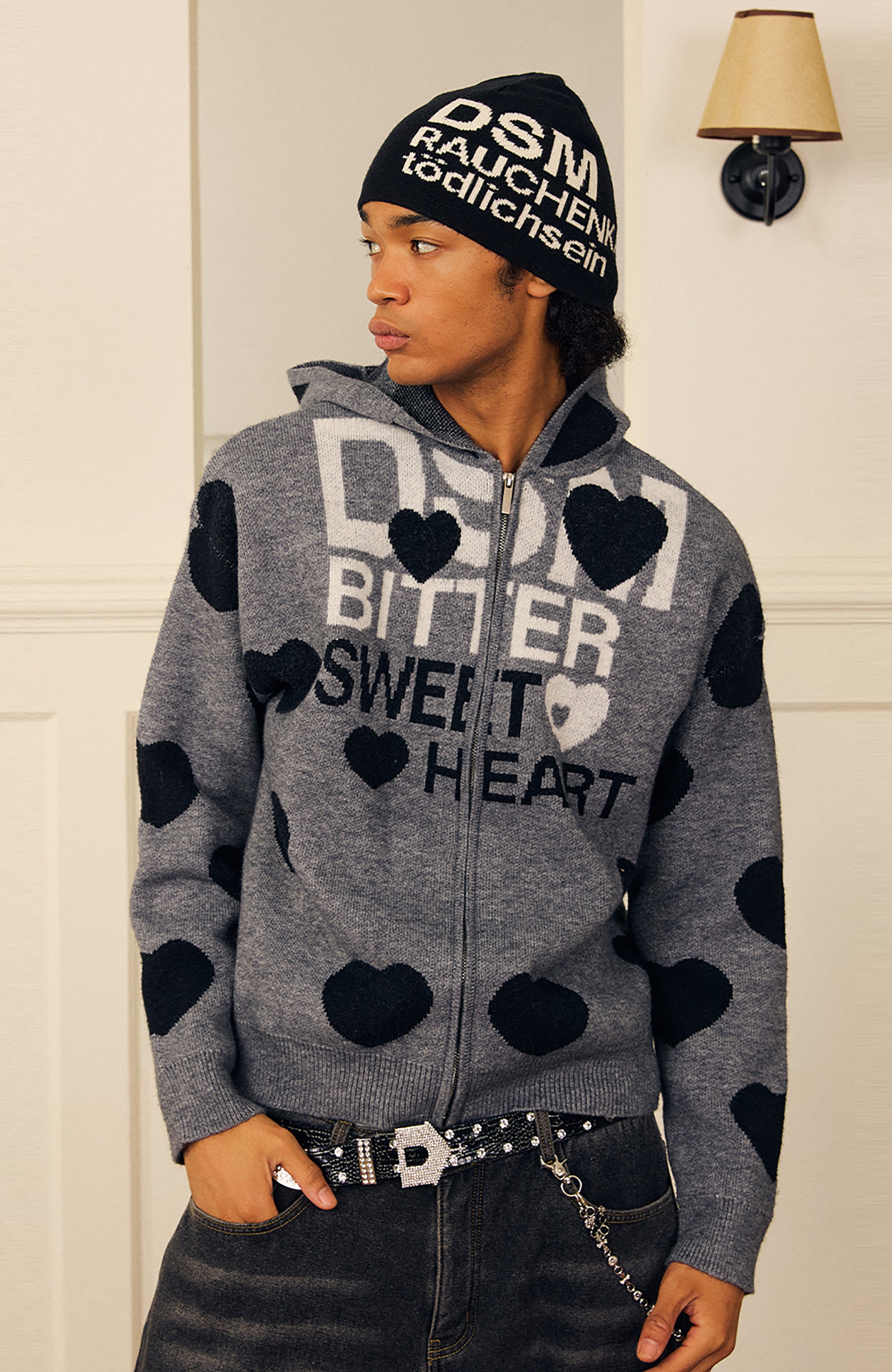 DONSMOKE Heart Full-Print Knit Zip-Up Hoodie