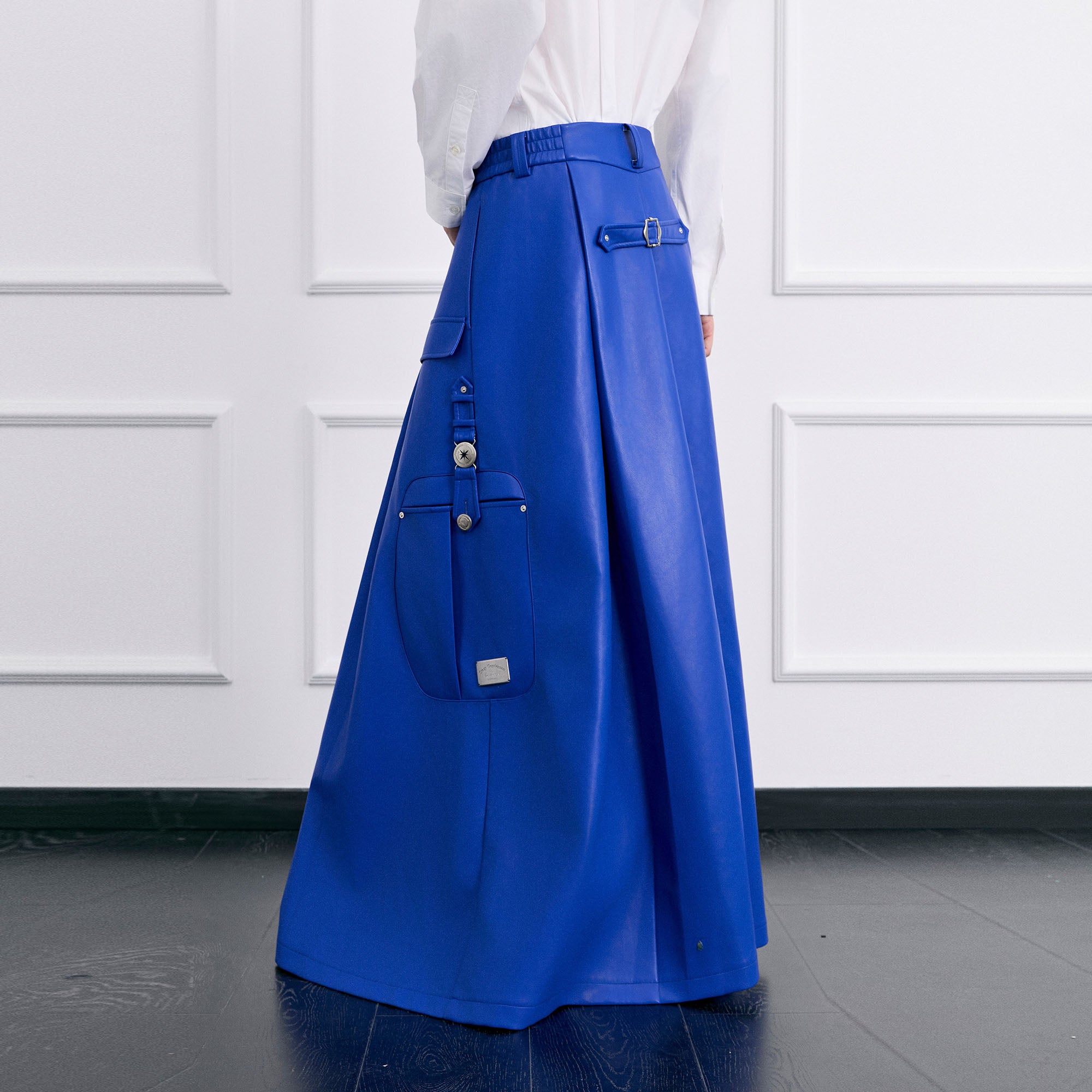 FACEONLAB Utility Faux Leather Buttoned Maxi Skirt, premium urban and streetwear designers apparel on PROJECTISR.com, FACEONLAB