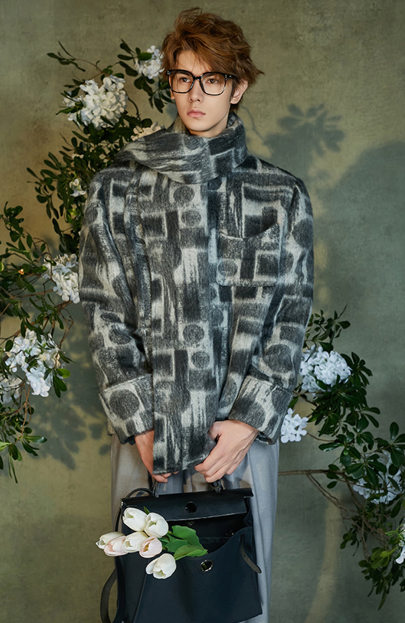 JIECHI Detachable Drape Geometry Full-Print Wool-Blend Jacket