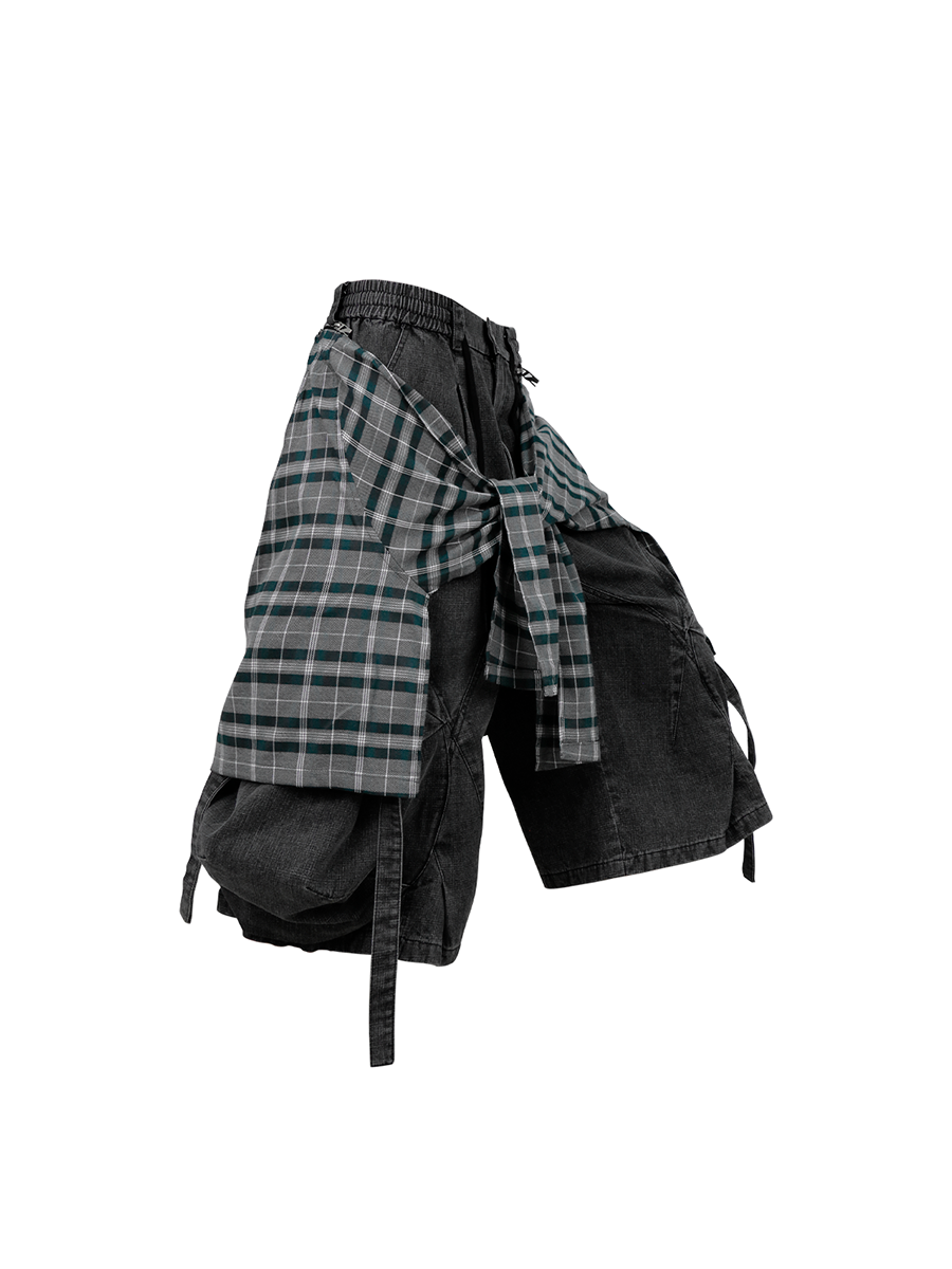 RELABEL Detachable Plaid Drape Oversized Denim Shorts, premium urban and streetwear designers apparel on PROJECTISR.com, RELABEL