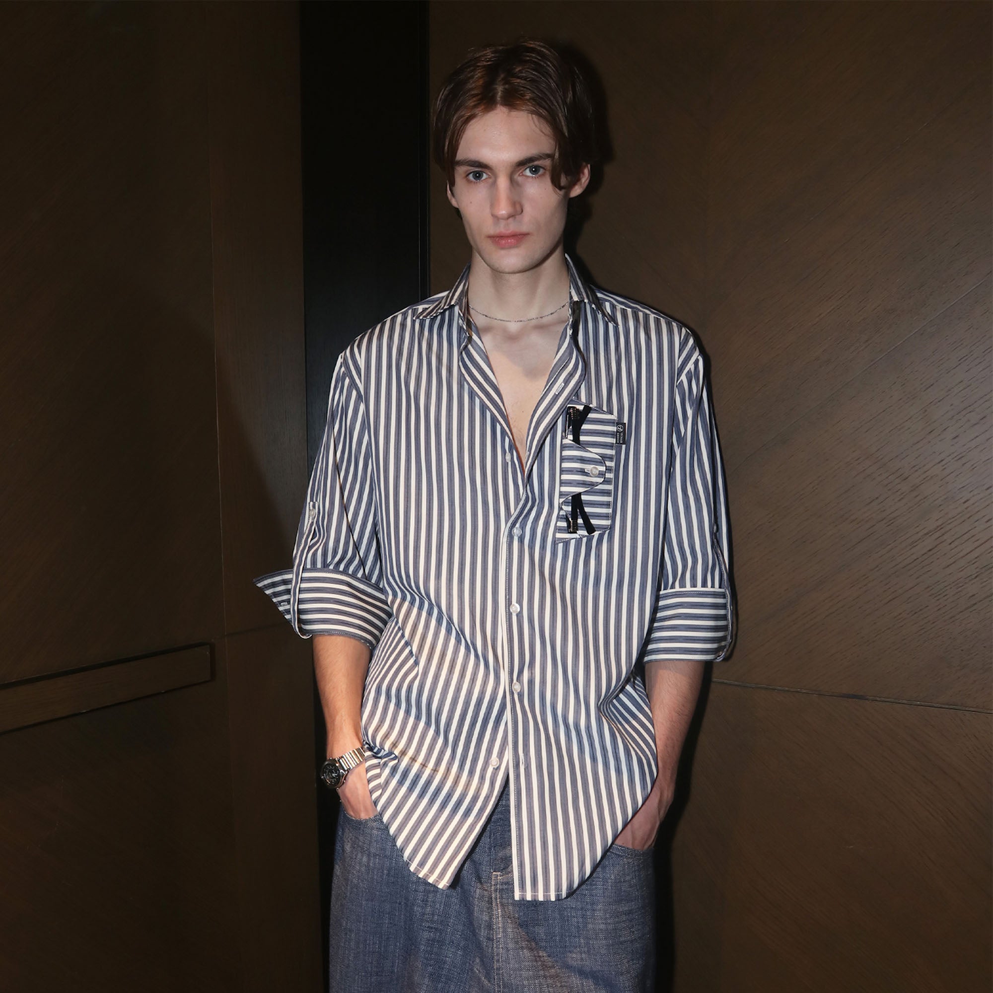 ASSEEN Striped Glasses Pocket Half Shirt Blue