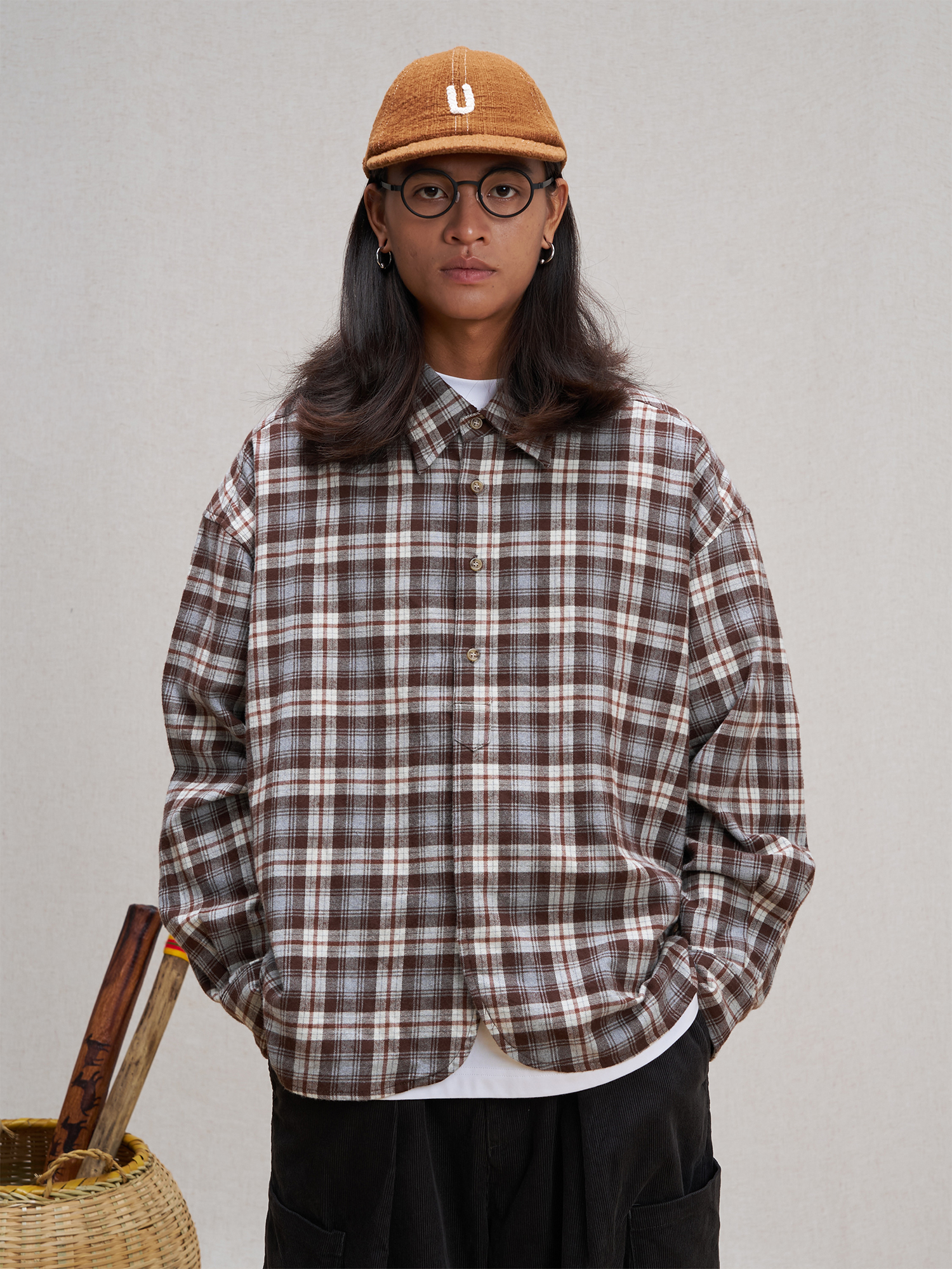 UNLIMITED MOTE Plaid Oversized Half-Open Collar Shirt Brown, M