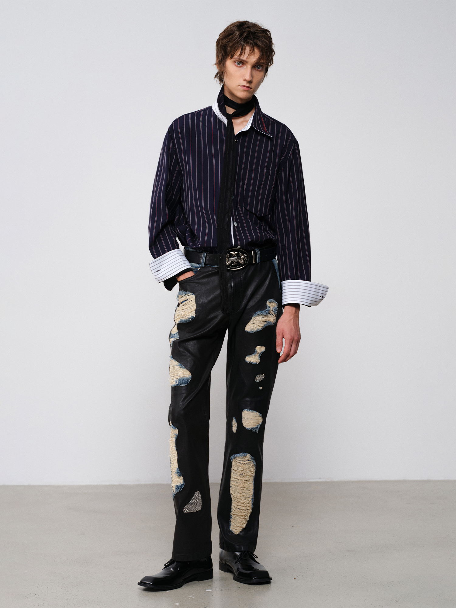 FACEONLAB Striped Spliced Embroidered Wide-Collar Shirt