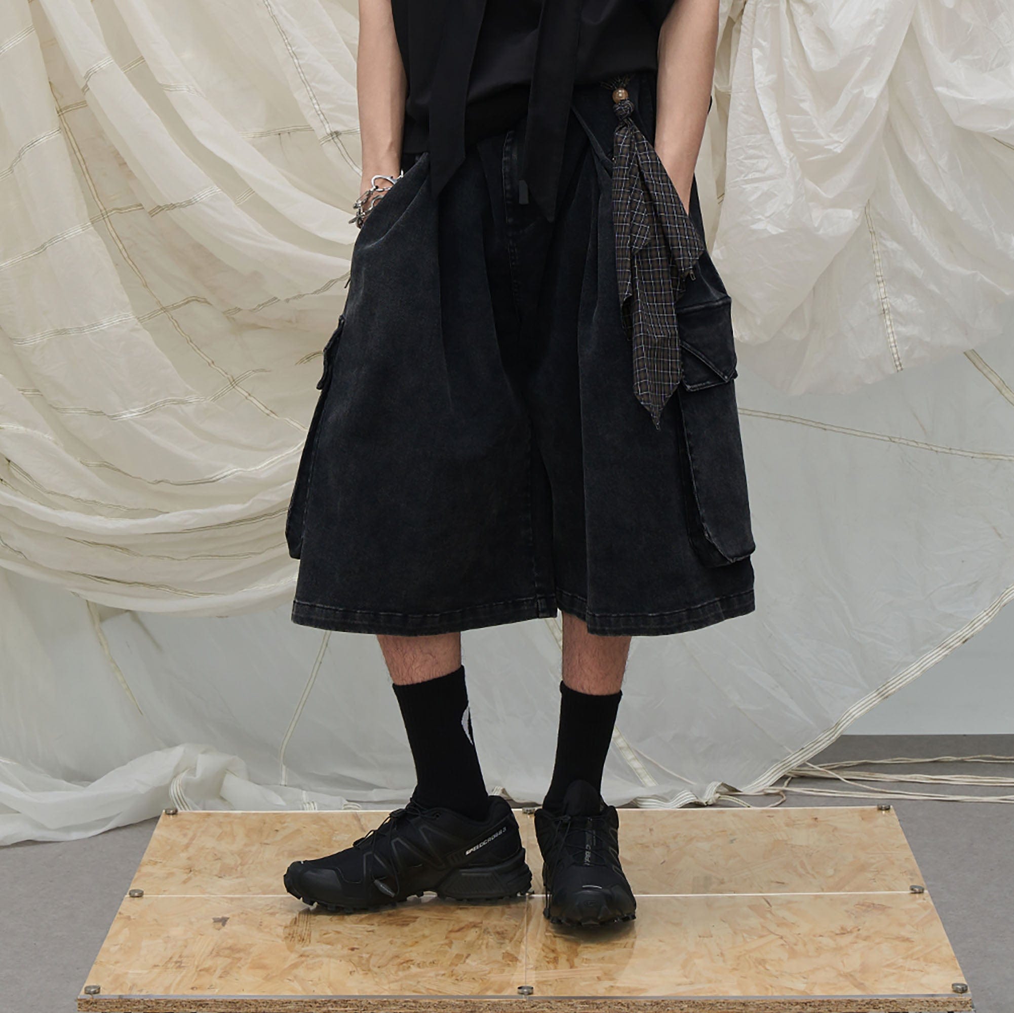 RELABEL Detachable Scarf Washed Multi-Pocket Wide-Leg Shorts Black, premium urban and streetwear designers apparel on PROJECTISR.com, RELABEL