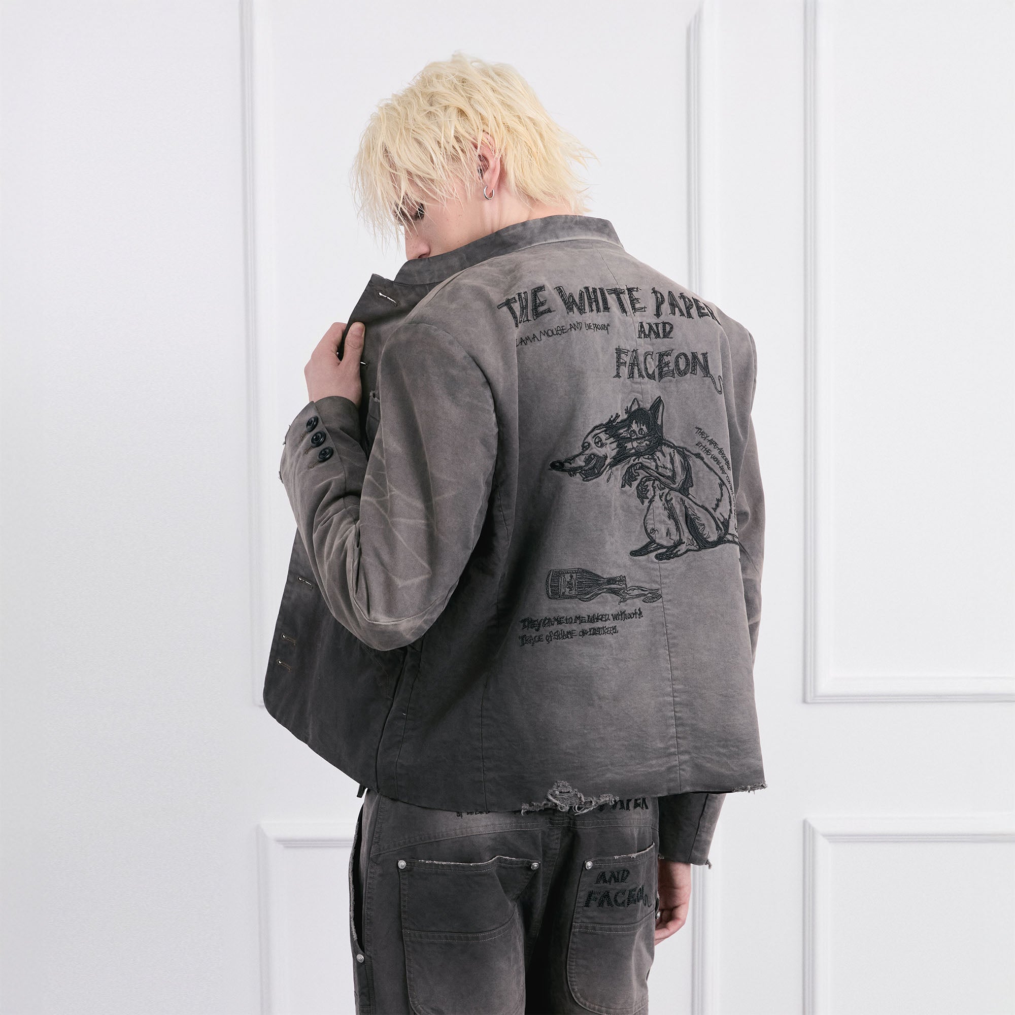 FACEONLAB Distressed Washed Embroidery Jacket