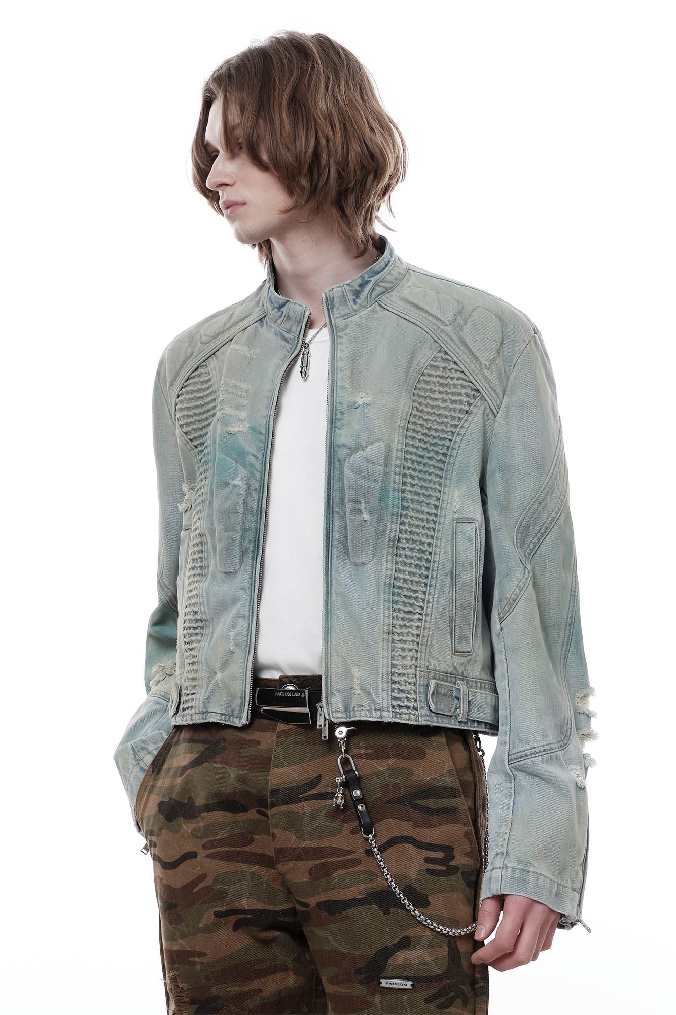 FACEONLAB Distressed Tie-Dye Ripped Biker Denim Jacket Blue