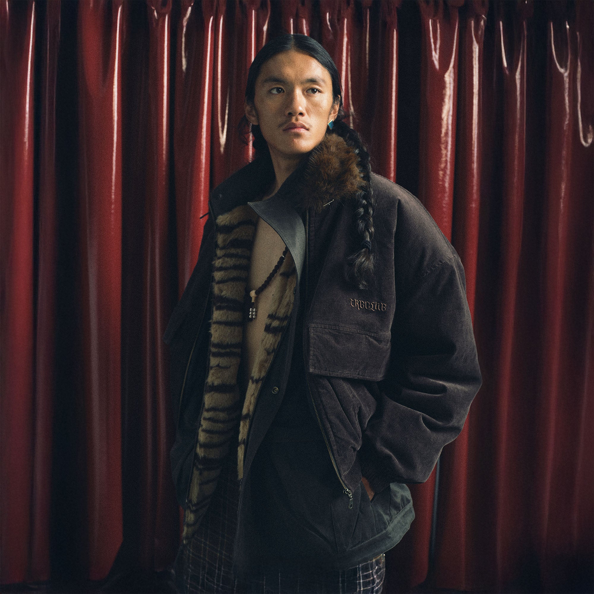 TRECLUB Faux Fur Collar Corduroy Jacket