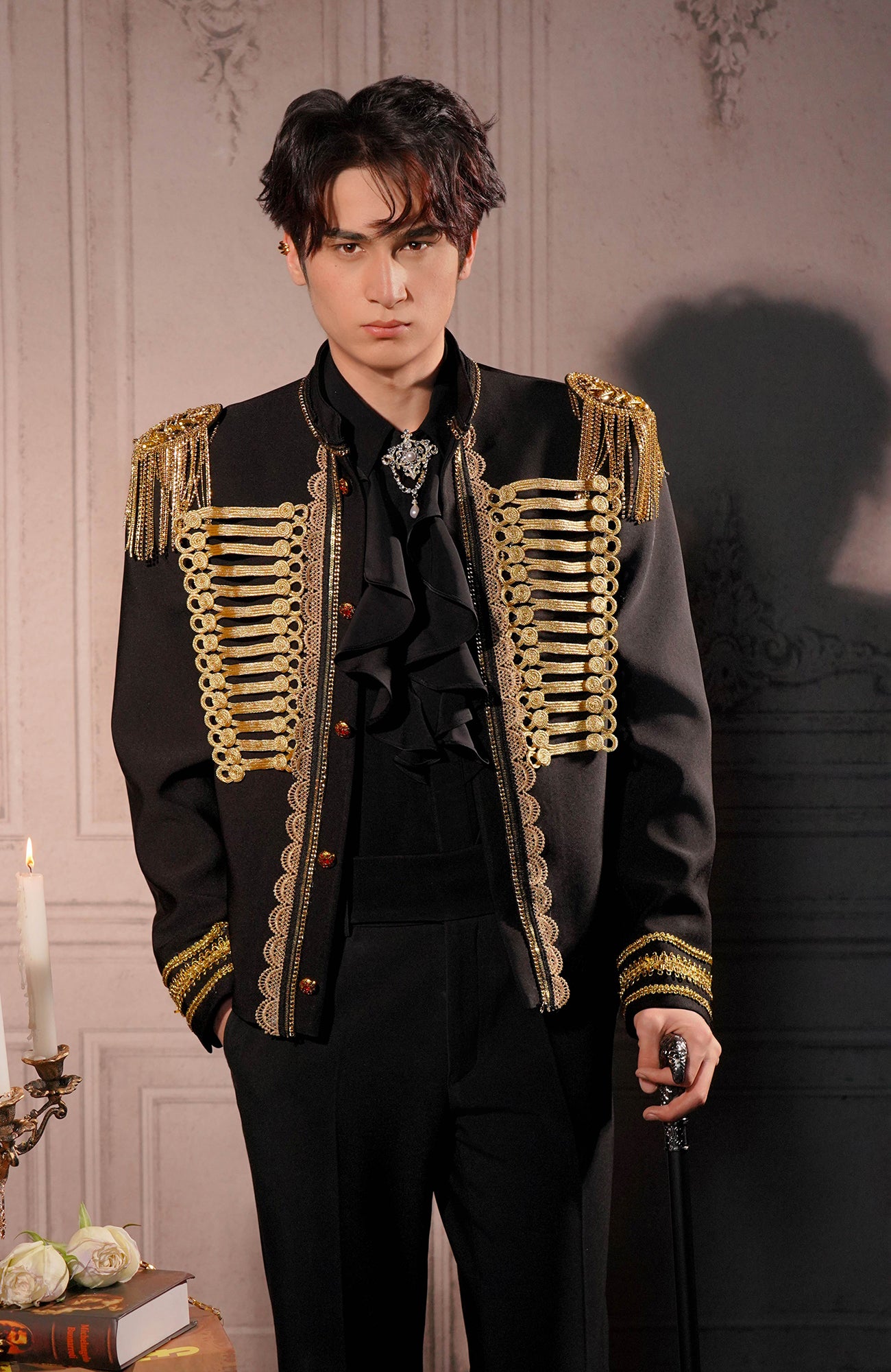 SHANG JIE Shoulder Epaulette Gold Trim Blazer