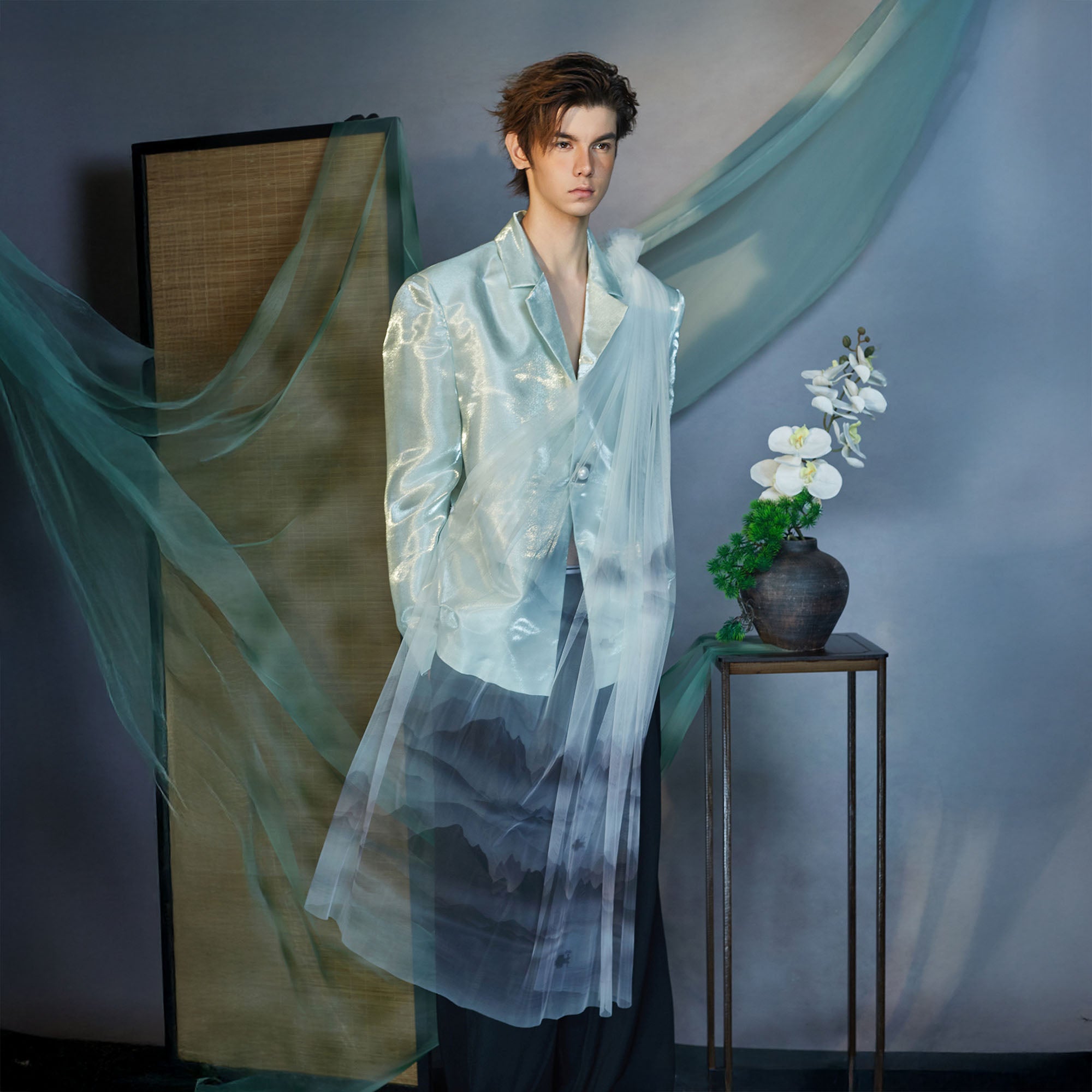 JIECHI Gradient Tulle Drape Satin Blazer, premium urban and streetwear designers apparel on PROJECTISR.com, JIECHI